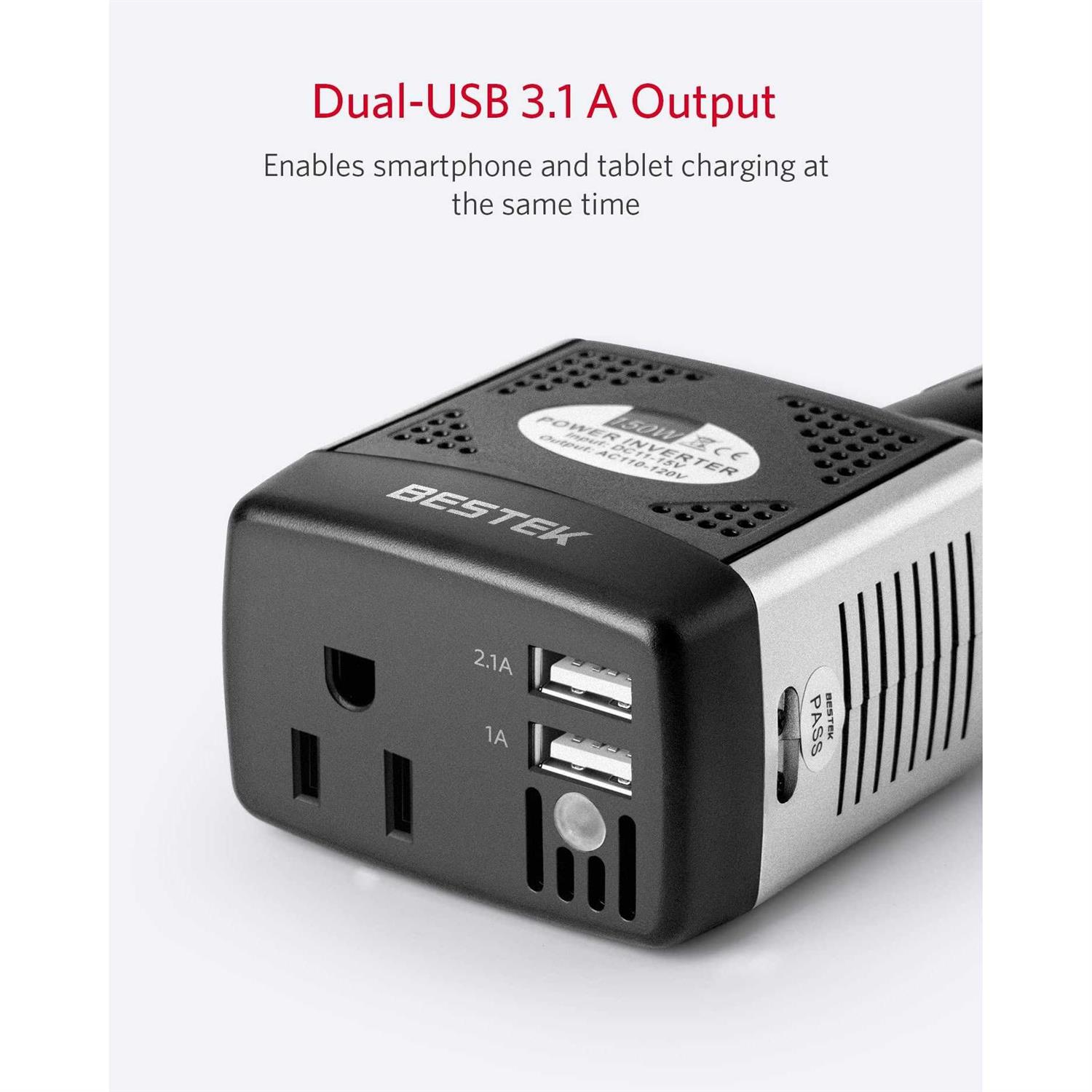 Bestek 150w Power Inverter 12V to 110v Voltage Converter Car Charger Power Adapter with 2 USB Charging Ports - Image 2