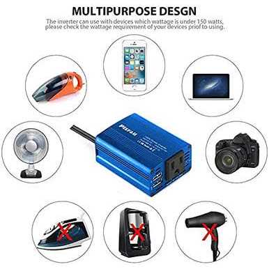 Pisfau, 150W Power Inverter DC 12V to 110V AC Car Outlet Adapter with 2 USB Ports and Car Converter for Plug Outlet - Image 5