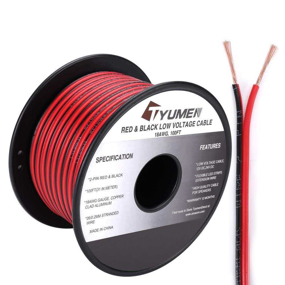Tyumen 100ft Gauge 2pin 2 Color Red Black Cable Hookup Electrical Wire LED Strips Extension Wire 12v/24v DC Cable