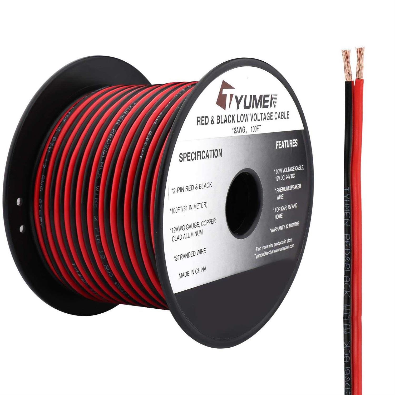 Tyumen 100ft Gauge 2pin 2 Color Red Black Cable Hookup Electrical Wire LED Strips Extension Wire 12v/24v DC Cable