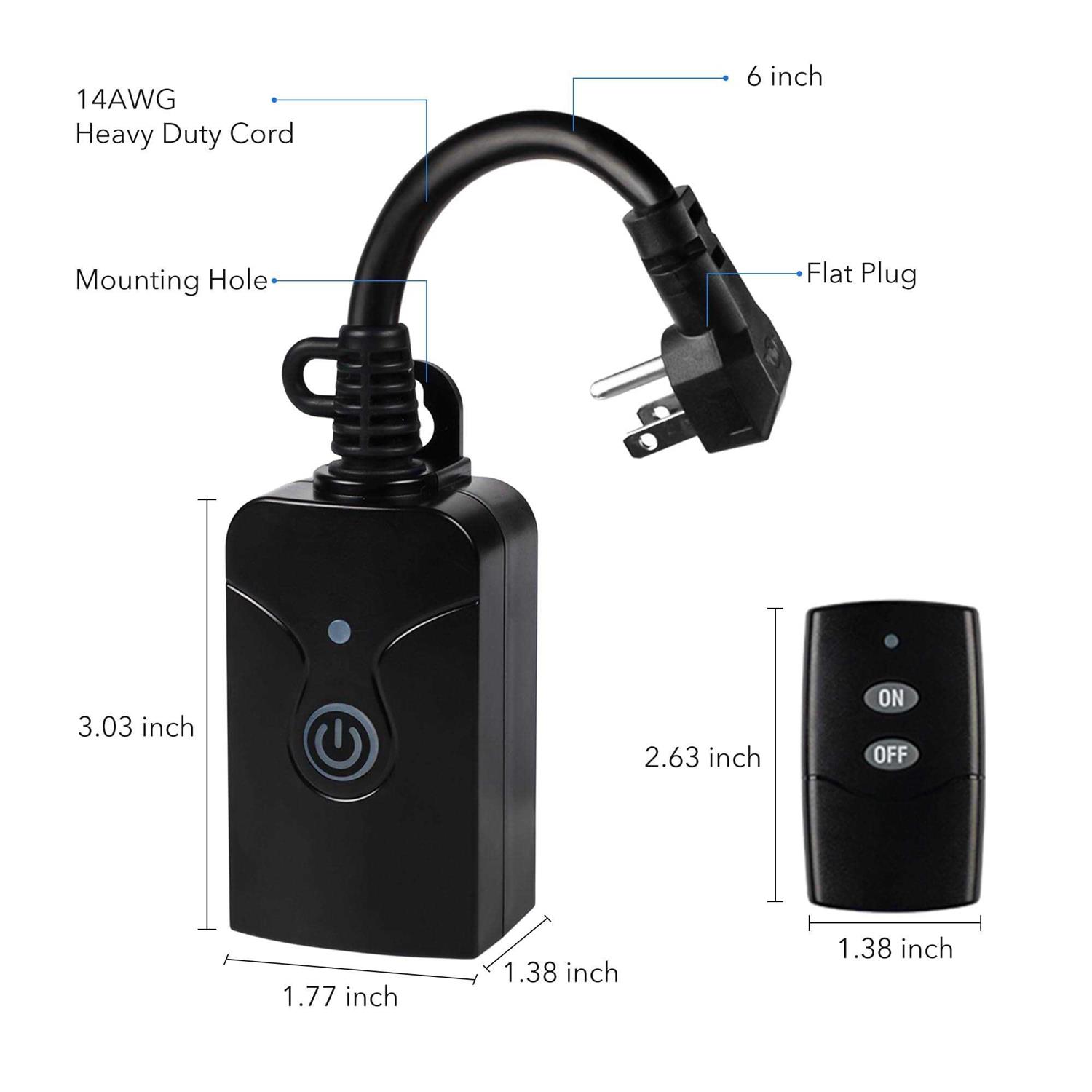 HBN Outdoor Indoor Wireless Remote Control 3-Prong Outlet Weatherproof Heavy Duty 15 A Compact 1 Remote 1 Outlet with Remote 6-inch Cord 100ft Range - Image 3
