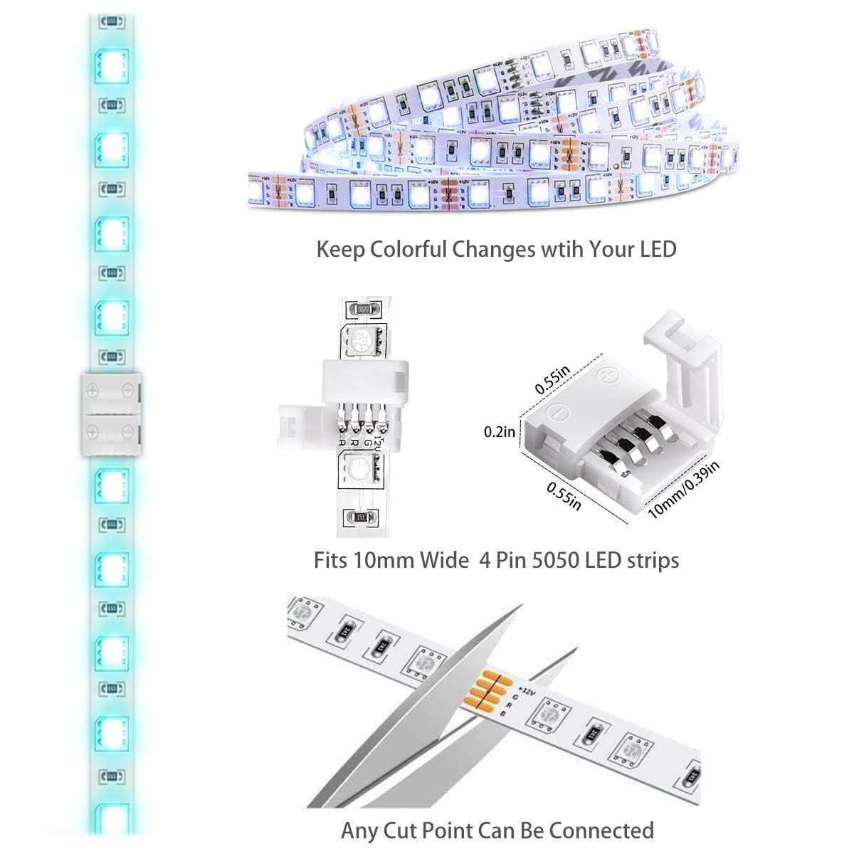 Jin&Bao LED Strip Light Connectors 40Packs 10mm Unwired 4 Pin 5050 RGB LED Light Strips Connectors kit,12 Gapless Connectors - Image 3