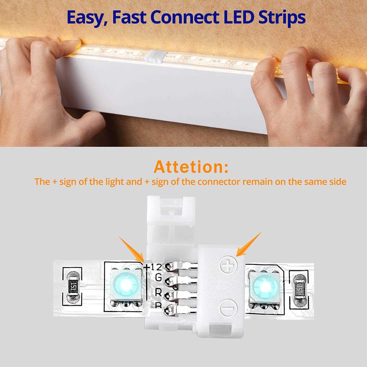 Jin&Bao LED Strip Light Connectors 40Packs 10mm Unwired 4 Pin 5050 RGB LED Light Strips Connectors kit,12 Gapless Connectors - Image 4