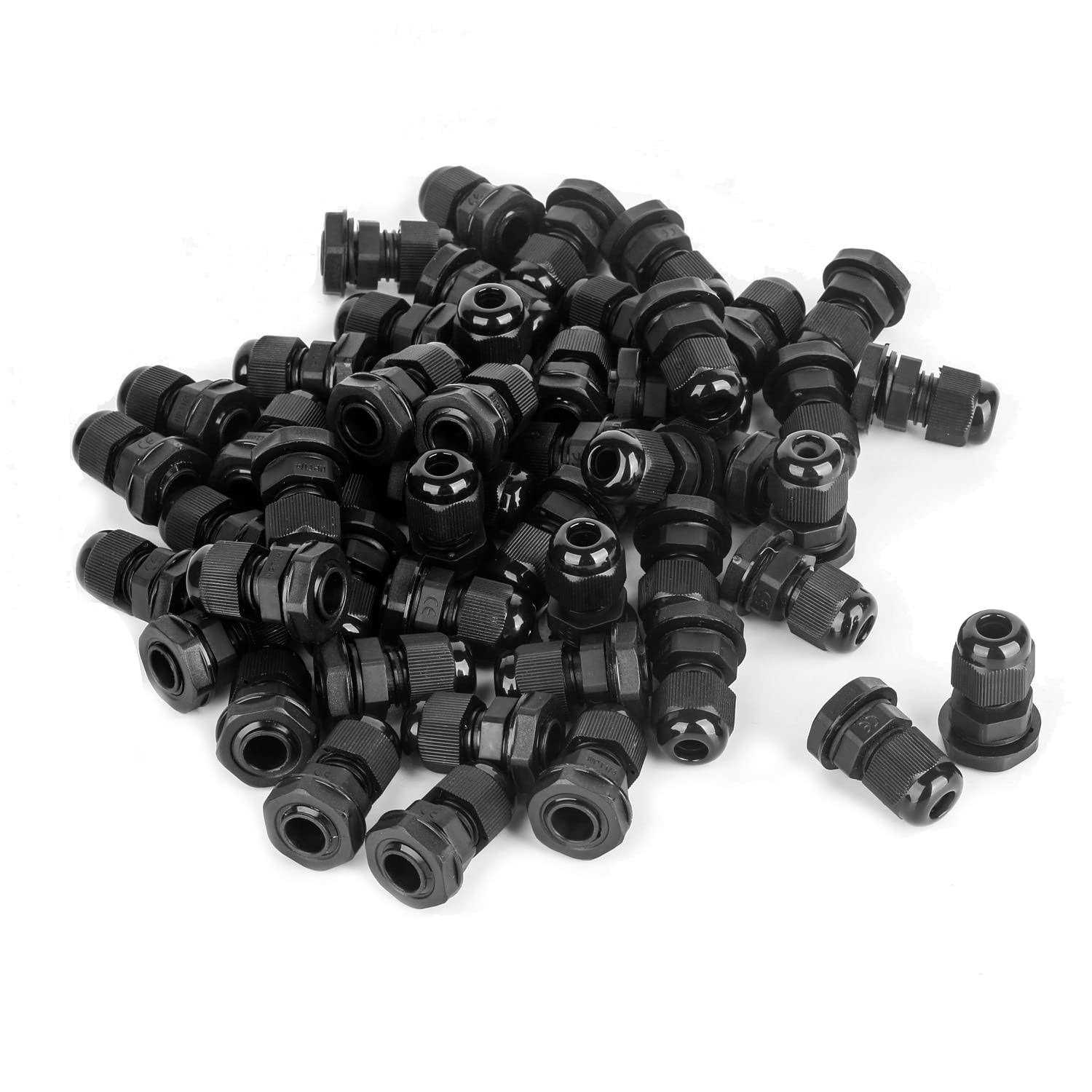 AMPELE Cable Gland 100 Pack PG7 Waterproof Plastic Adjustable 3.5-6mm Cable Glands Joints With Gaskets