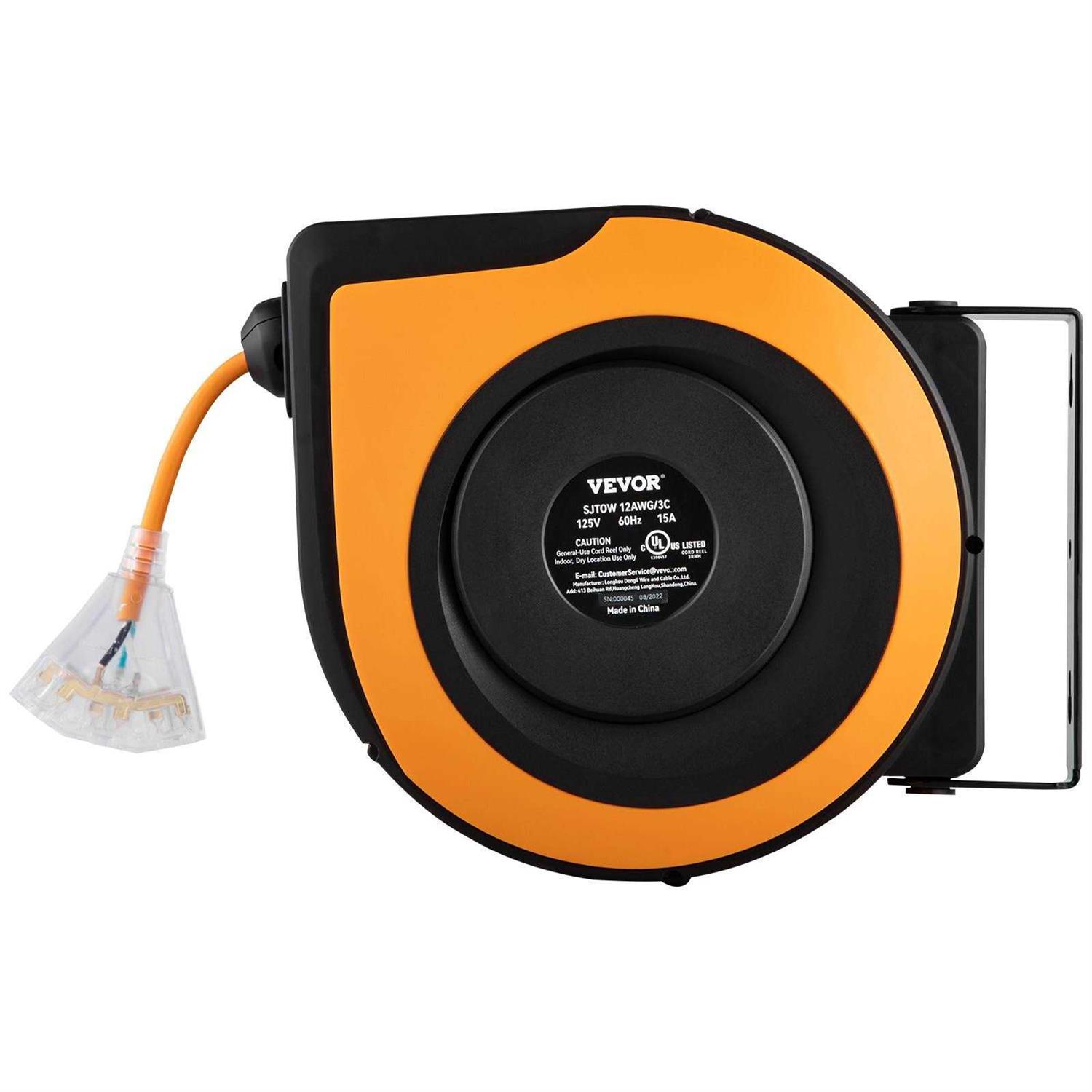 VEVOR Retractable Extension Cord Reel 65 ft Heavy Duty 12AWG/3C SJTOW Power Cord SSSJXQMC65FT1OWM6V1 - Image 4