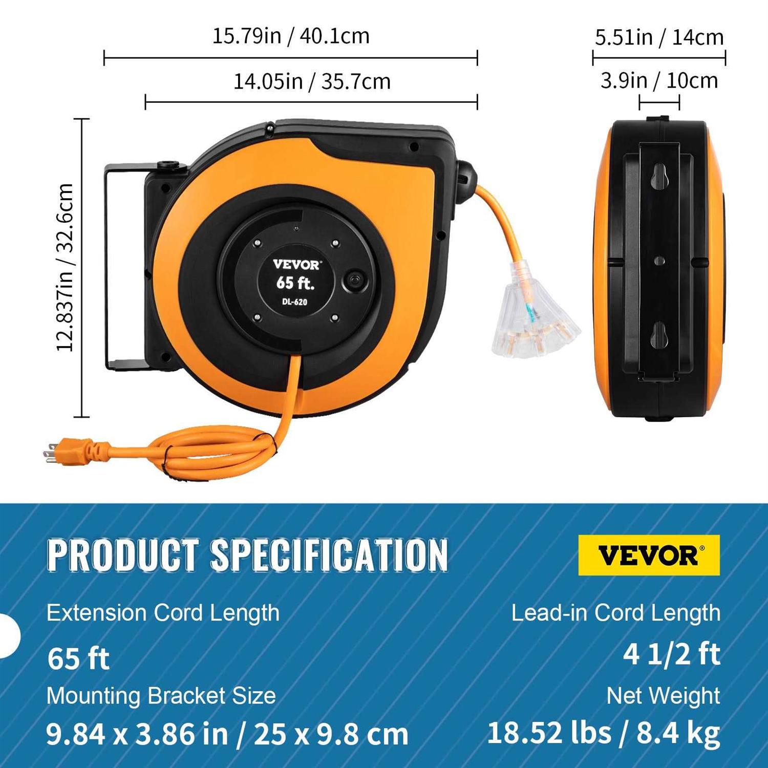 VEVOR Retractable Extension Cord Reel 65 ft Heavy Duty 12AWG/3C SJTOW Power Cord SSSJXQMC65FT1OWM6V1 - Image 5