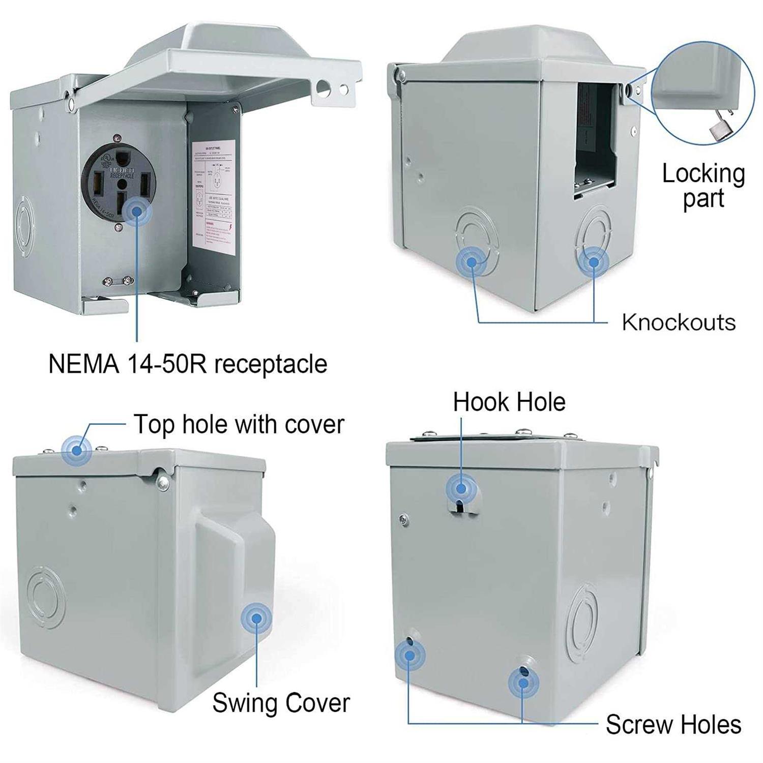 EXCELFU 50 Amp 125/250 Volt RV Power Outlet Box Enclosed Lockable Weatherproof NEMA 14-50R Outdoor Electrical Receptacle Panel - Image 4
