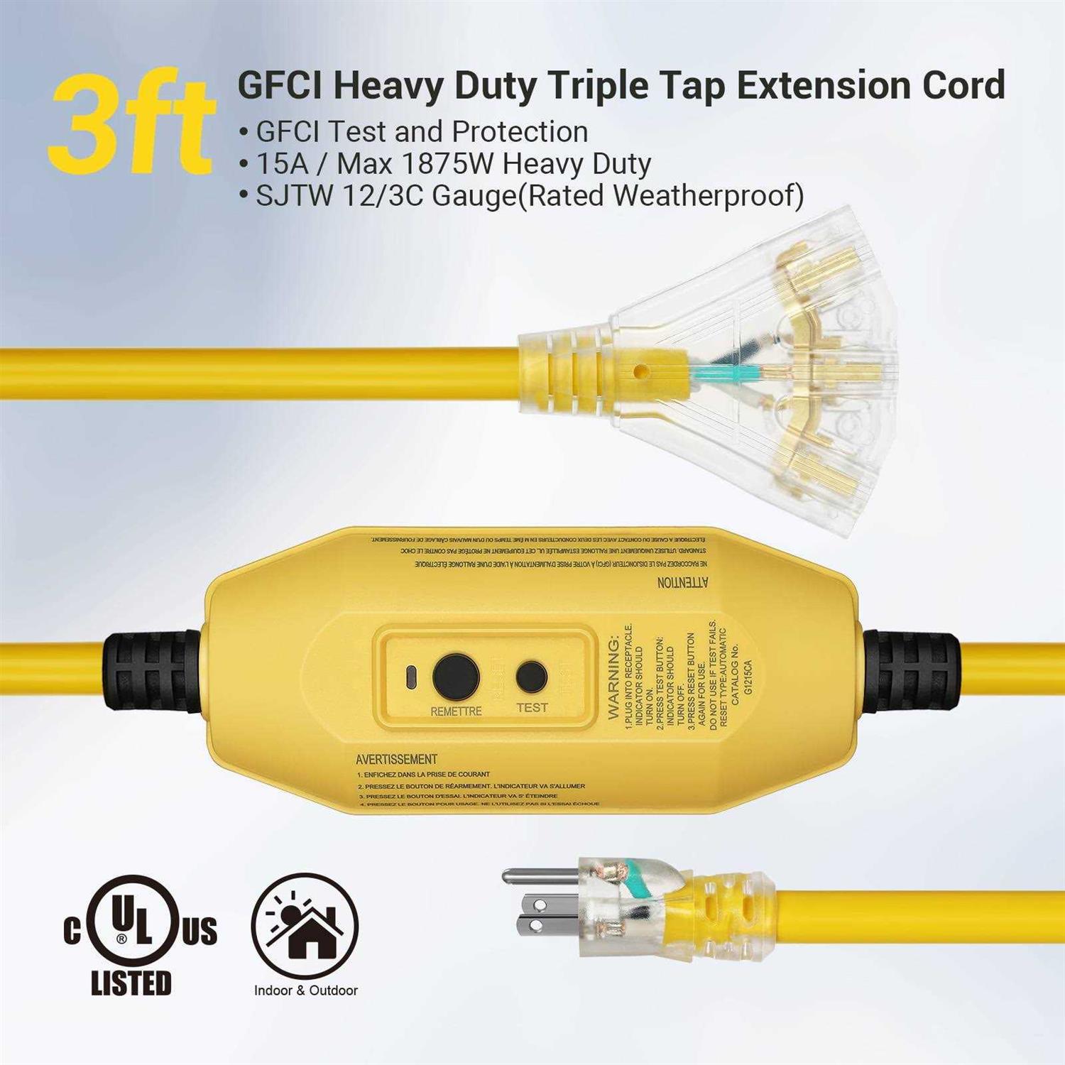 DEWENWILS Heavy-Duty Manual 3 ft. 12/3 Gauge Indoor/Outdoor GFCI Extension Cord with LED Lighted - Image 4