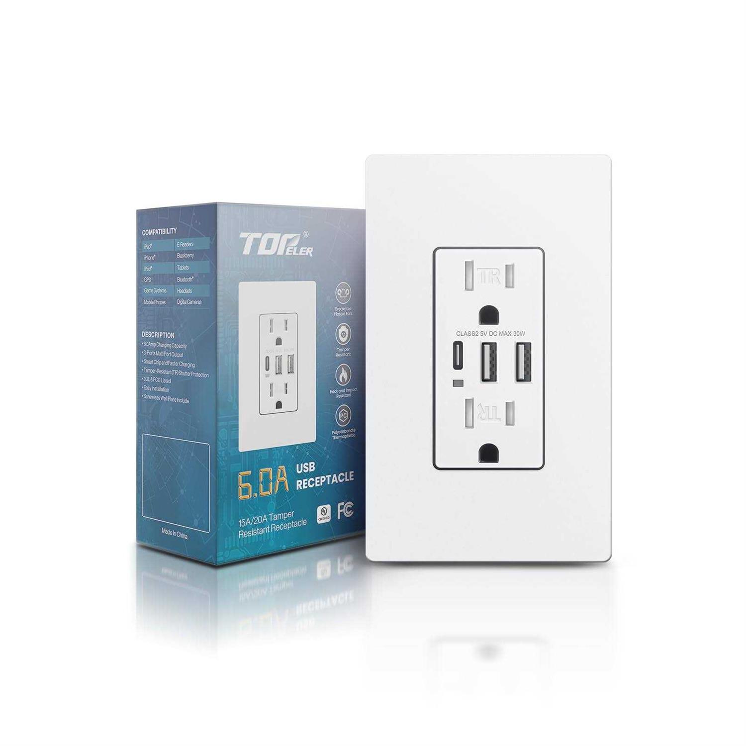 TOPELER USB Wall Outlets 3-Port USB C Outlet Receptacles 30W 6.0A USB Electrical Outlet
