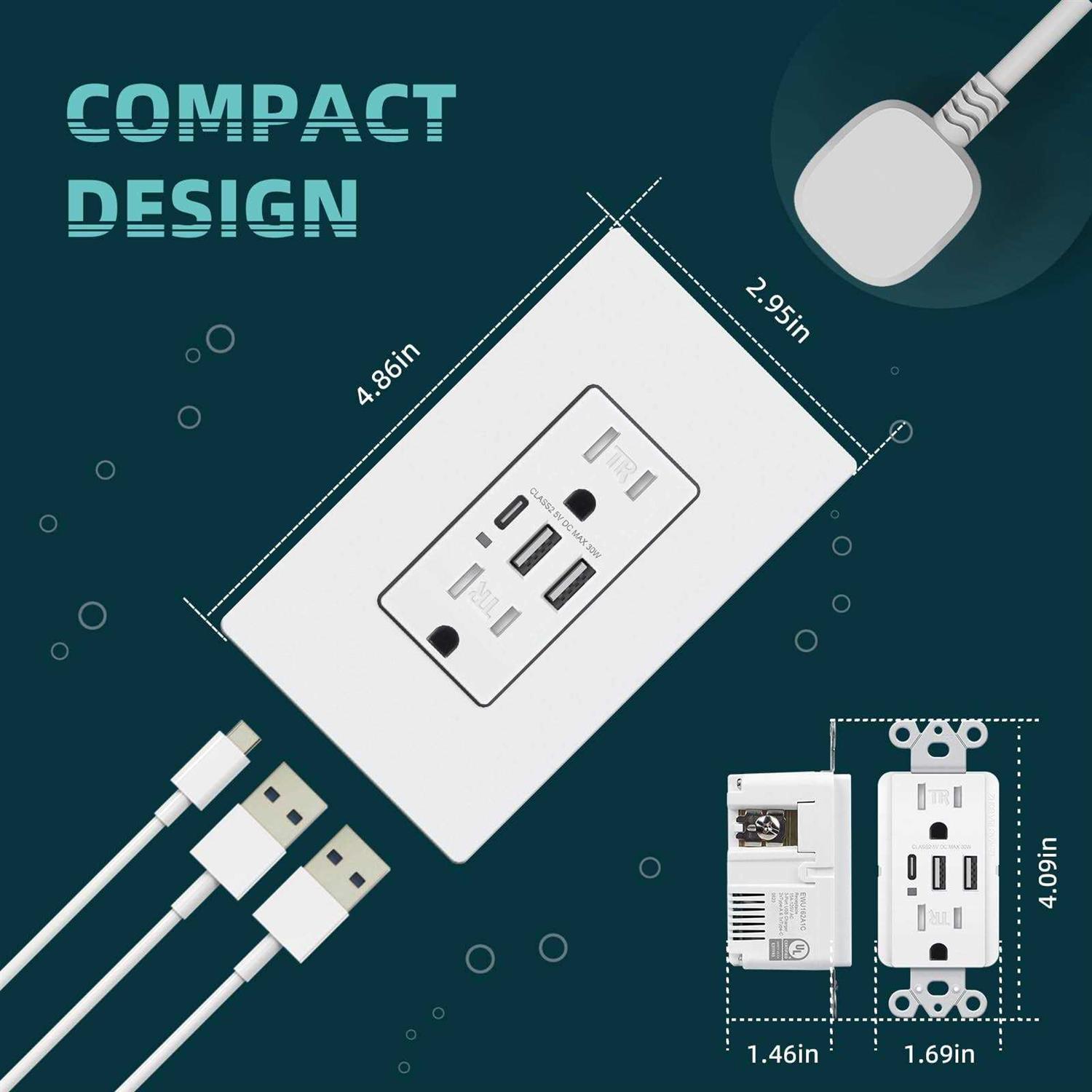 TOPELER USB Wall Outlets 3-Port USB C Outlet Receptacles 30W 6.0A USB Electrical Outlet - Image 2