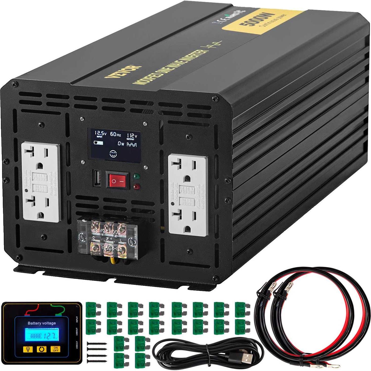 VEVOR Power Inverter 5000W Modified Sine Wave Inverter DC 12V to AC 110V Car Converter with LCD Display Remote Controller LED Indicator Gfci Outlets