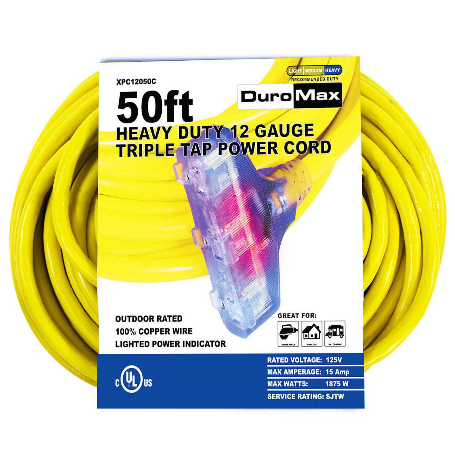 DuroMax XPC12050C 50& 12 Gauge Triple Tap Extension Power Cord