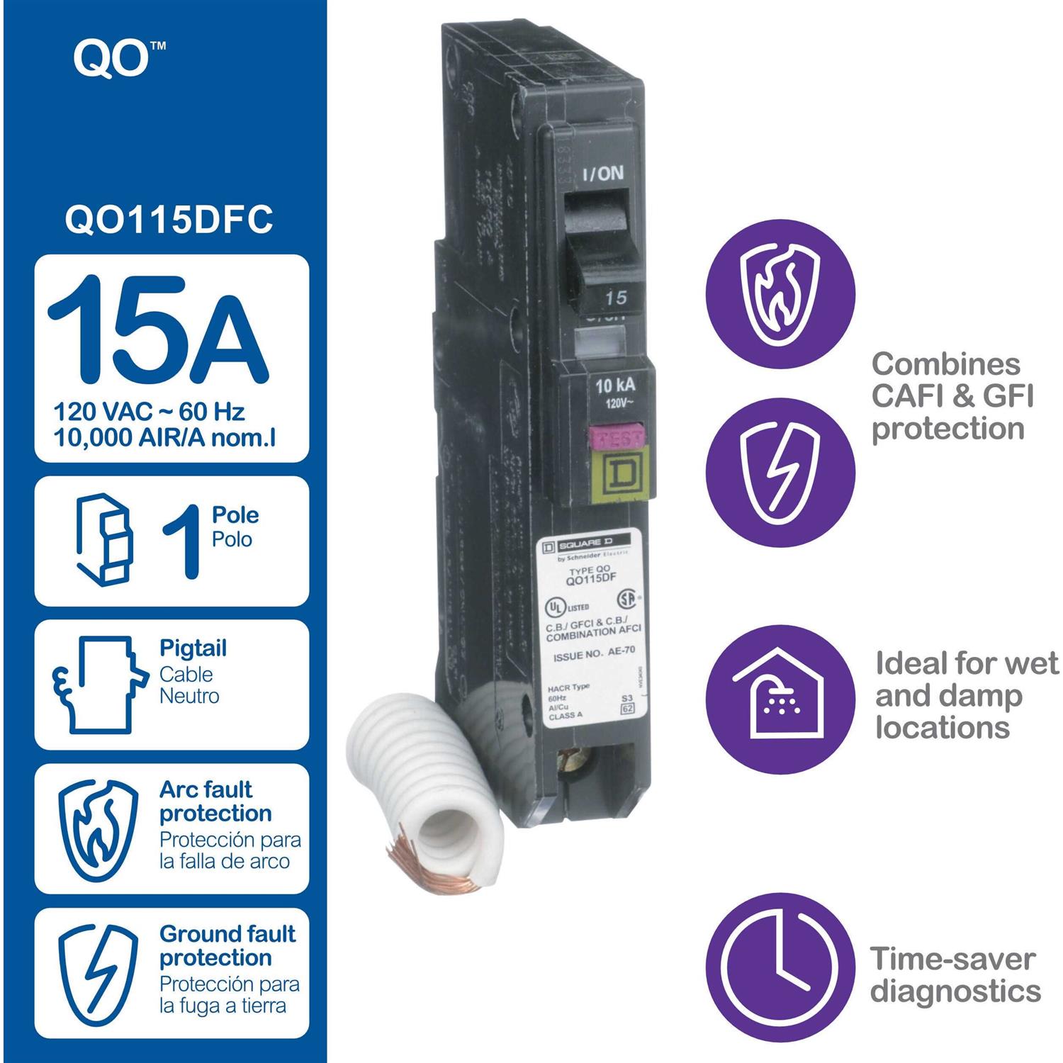 Square D QO115DFC QO Single Pole Dual Function Circuit Breaker - Image 3