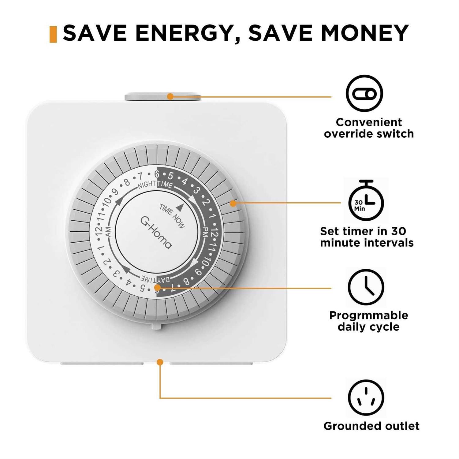 G-Homa Timer Outlet Electric Indoor with 2 Grounded Outletplug-in 24-Hour Mechanical Timersdaily On/Off Cycleenergy Saving for Lamps Seasonal Christma - Image 3