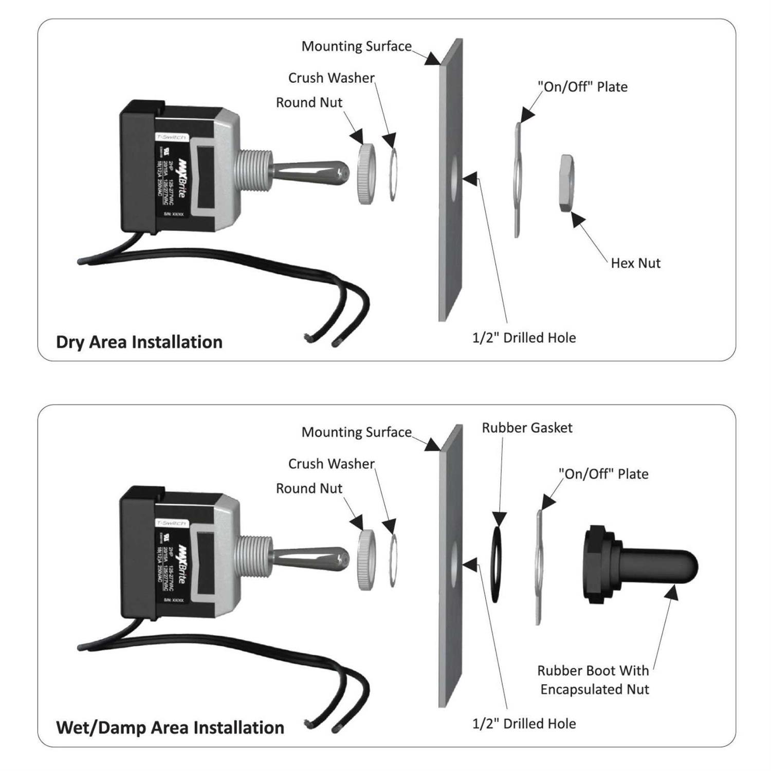 MaxBrite Heavy Duty Toggle Switch 20/15A 125/277V 2 HP with Waterproof Rubber Boot UL cUL Certified - Image 4