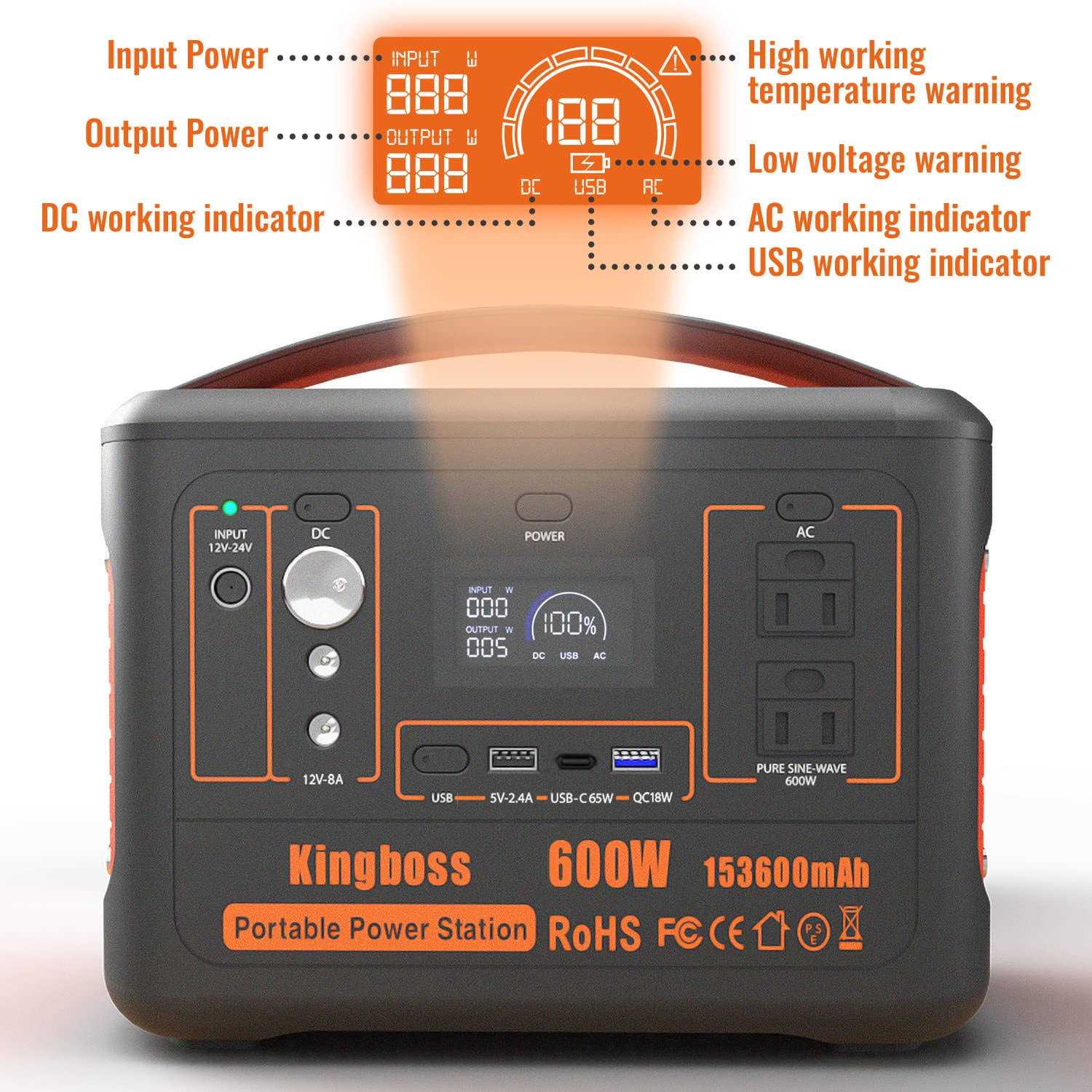 Portable Generator Power Station 600W Kingboss 153600mAh 568WH Lithium Battery 110V/600W - Image 2