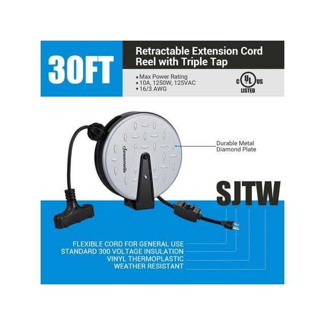 Dewenwils Metal Extension Cord Reel 30 ft Retractable Extension Cord 16AWG/3C SJTW Power Cord - Image 4