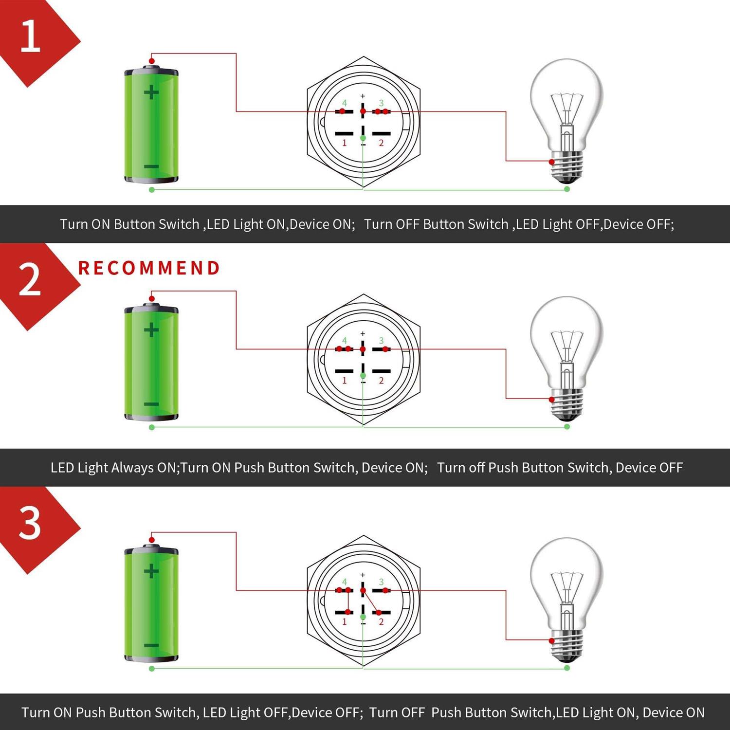 APIELE 10 Amp 22mm Latching Push Button Switch 12V Angel Eye LED Waterproof Stainless Steel Round Self-Locking 7/8'' 1NO 1NC 1 Pack - Image 3
