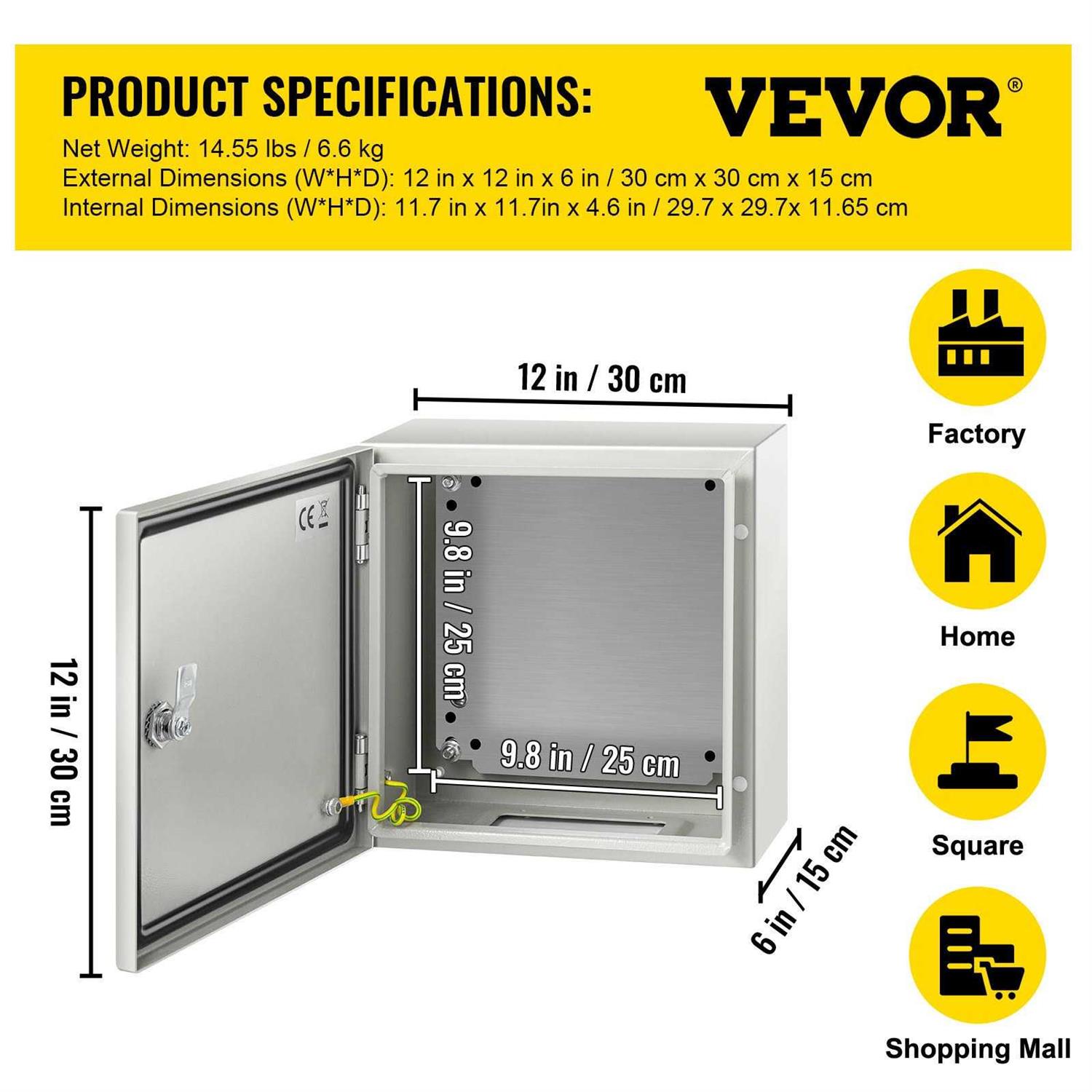 VEVOR NEMA Steel Enclosure 12 x 12 x 6'' NEMA 4X Steel Electrical Box IP66 Waterproof & Dustproof Outdoor/Indoor Electrical Junction Box DQXJSTCFS30X30X15V0 - Image 3