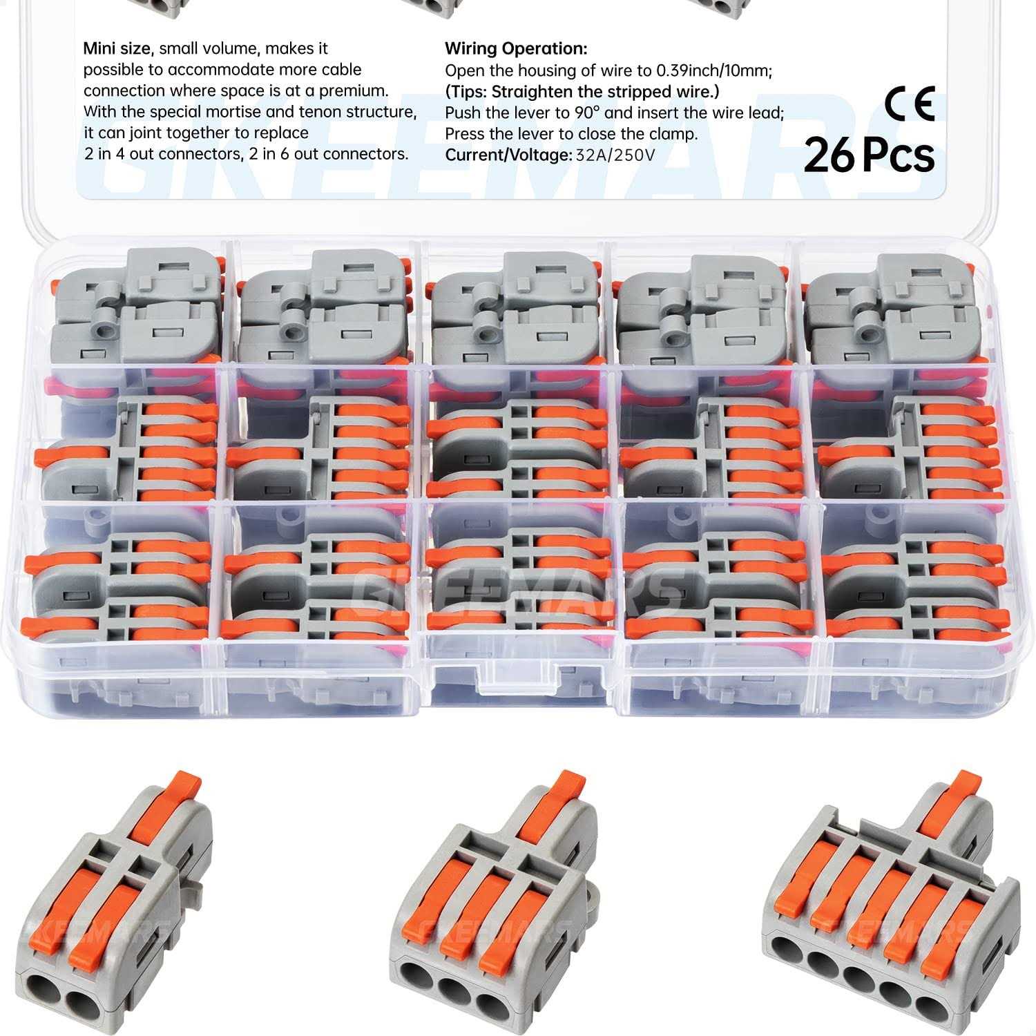 GKEEMARS 26Pcs Compact Splicing Connectors Wire Connectors Kit 2, 3 and 5 Circuit Inline Splices 24-12 AWG