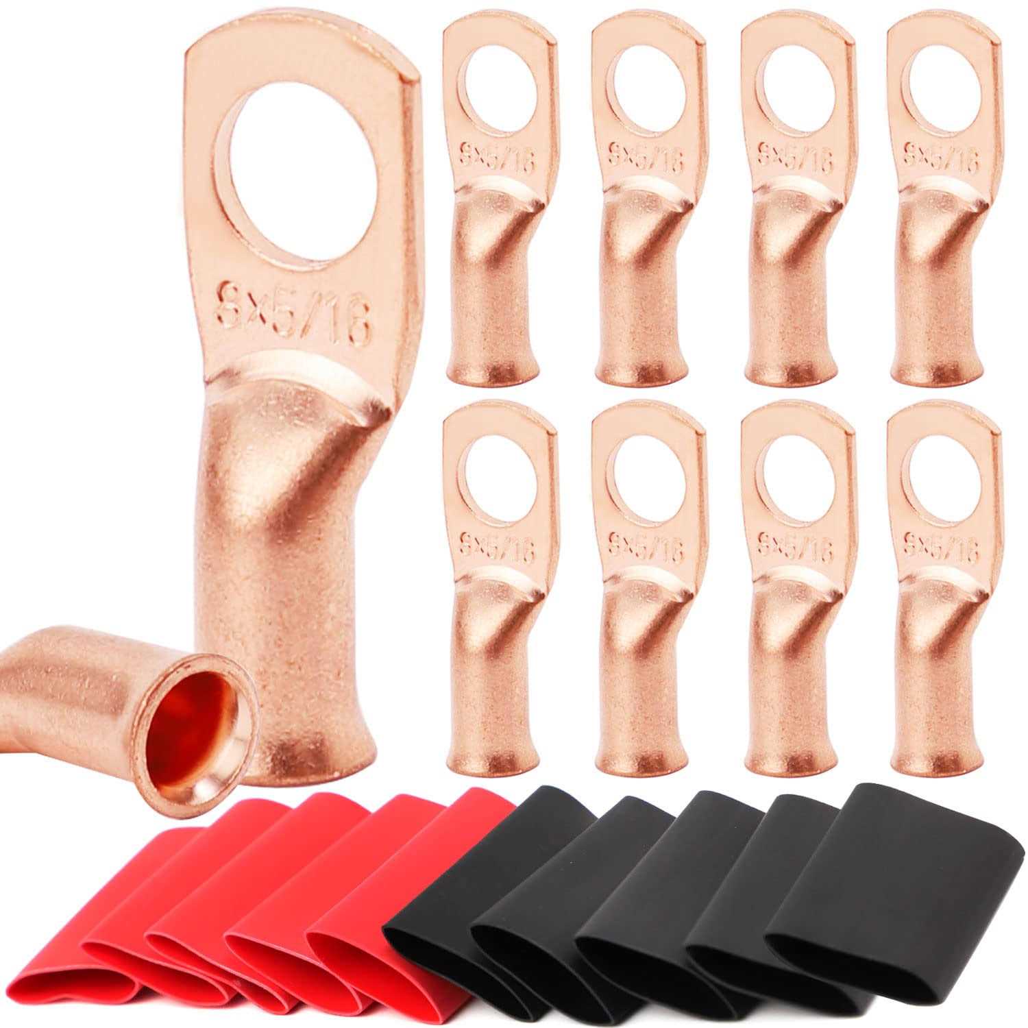 TKDMR 10pcs AWG-5/16 Battery Lugs,Copper Wire Lugs,Heavy Duty Battery Cable Ends,Tubular Ring Terminals,AWG Crimp Wire Ring Lugs,Battery