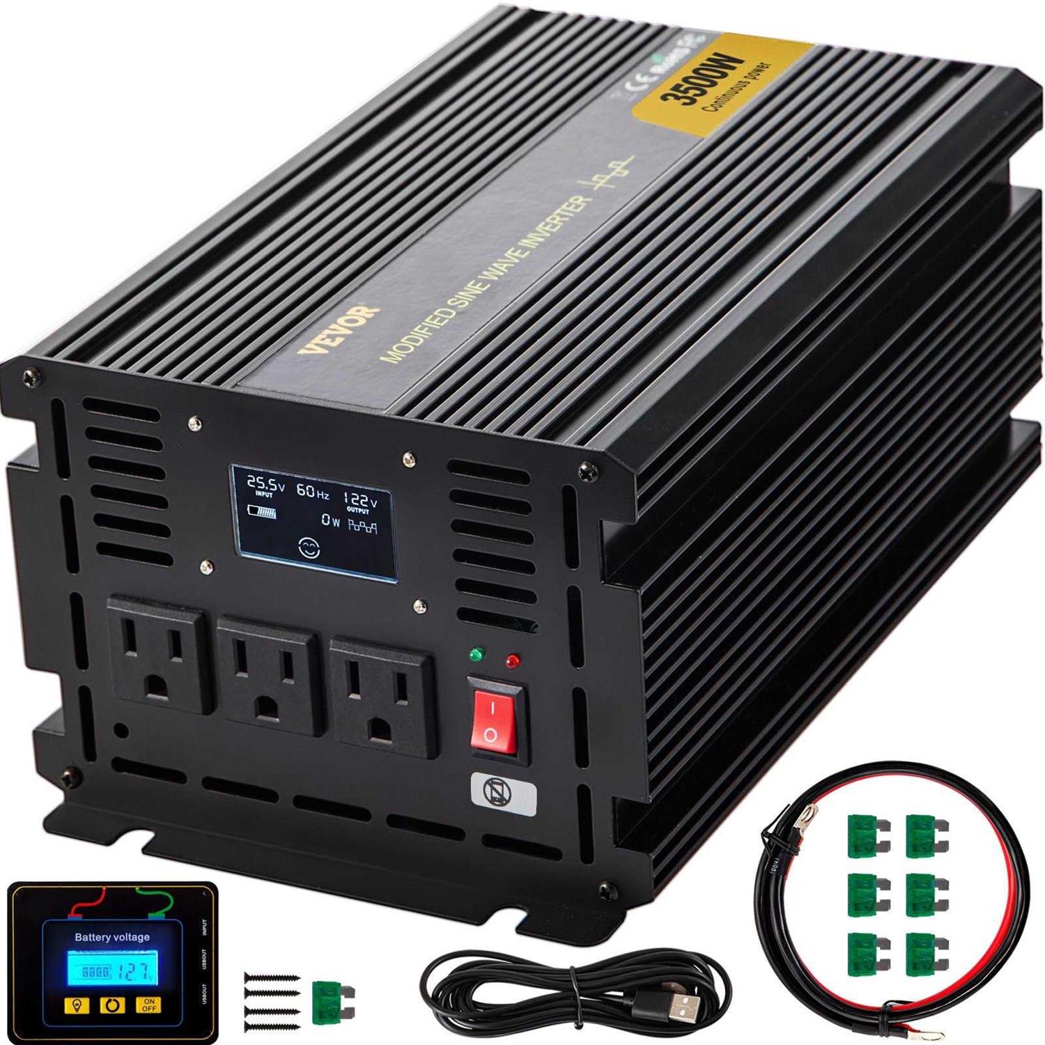 VEVOR Power Inverter 3500W Modified Sine Wave Inverter DC 24V to AC 120V Car Converter with LCD Display Remote Controller LED Indicator AC Outlets