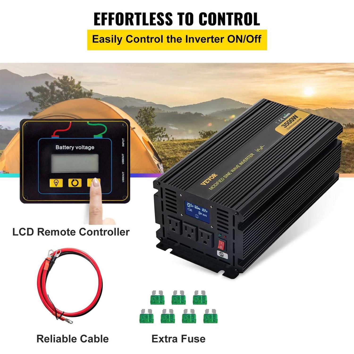 VEVOR Power Inverter 3500W Modified Sine Wave Inverter DC 24V to AC 120V Car Converter with LCD Display Remote Controller LED Indicator AC Outlets - Image 2