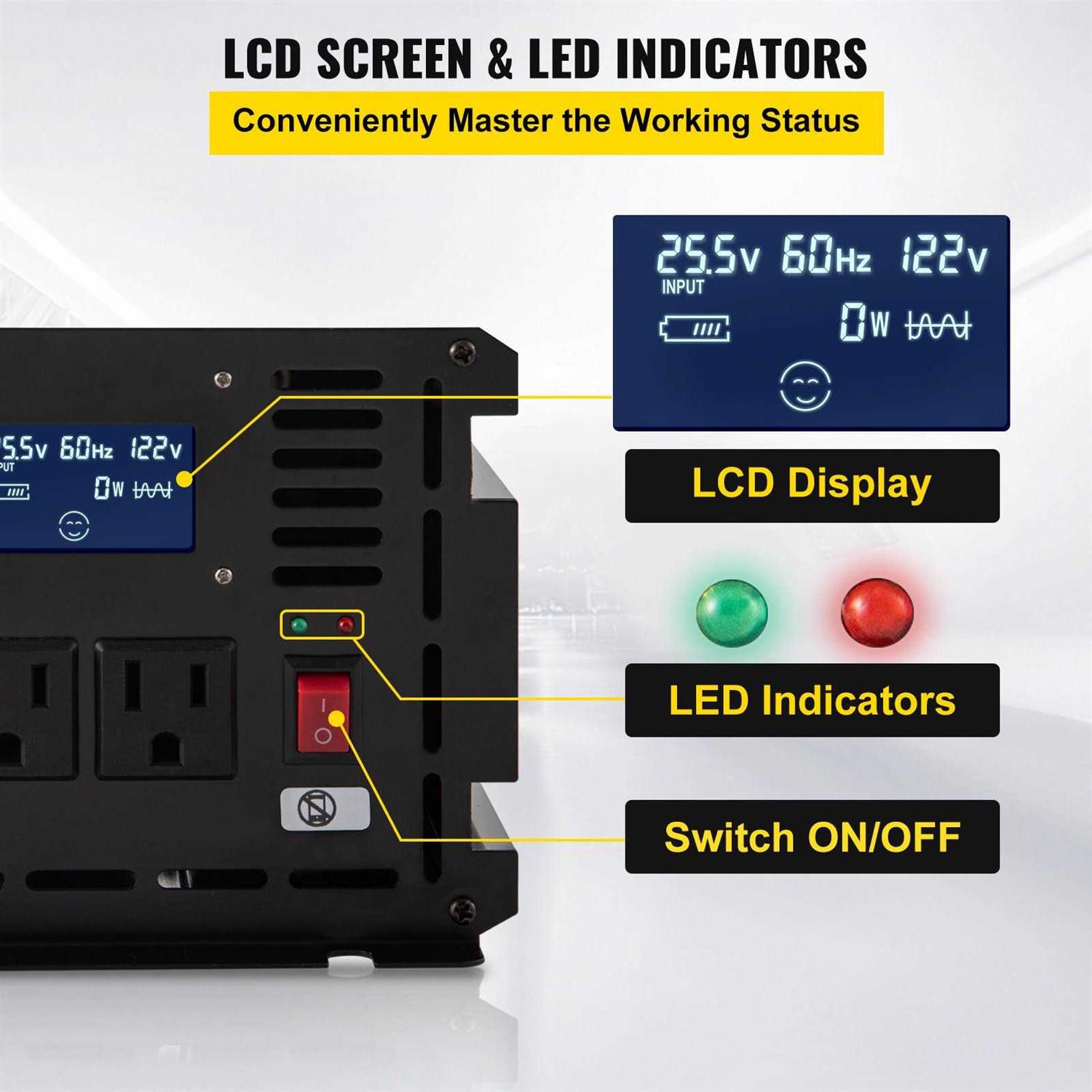 VEVOR Power Inverter 3500W Modified Sine Wave Inverter DC 24V to AC 120V Car Converter with LCD Display Remote Controller LED Indicator AC Outlets - Image 3