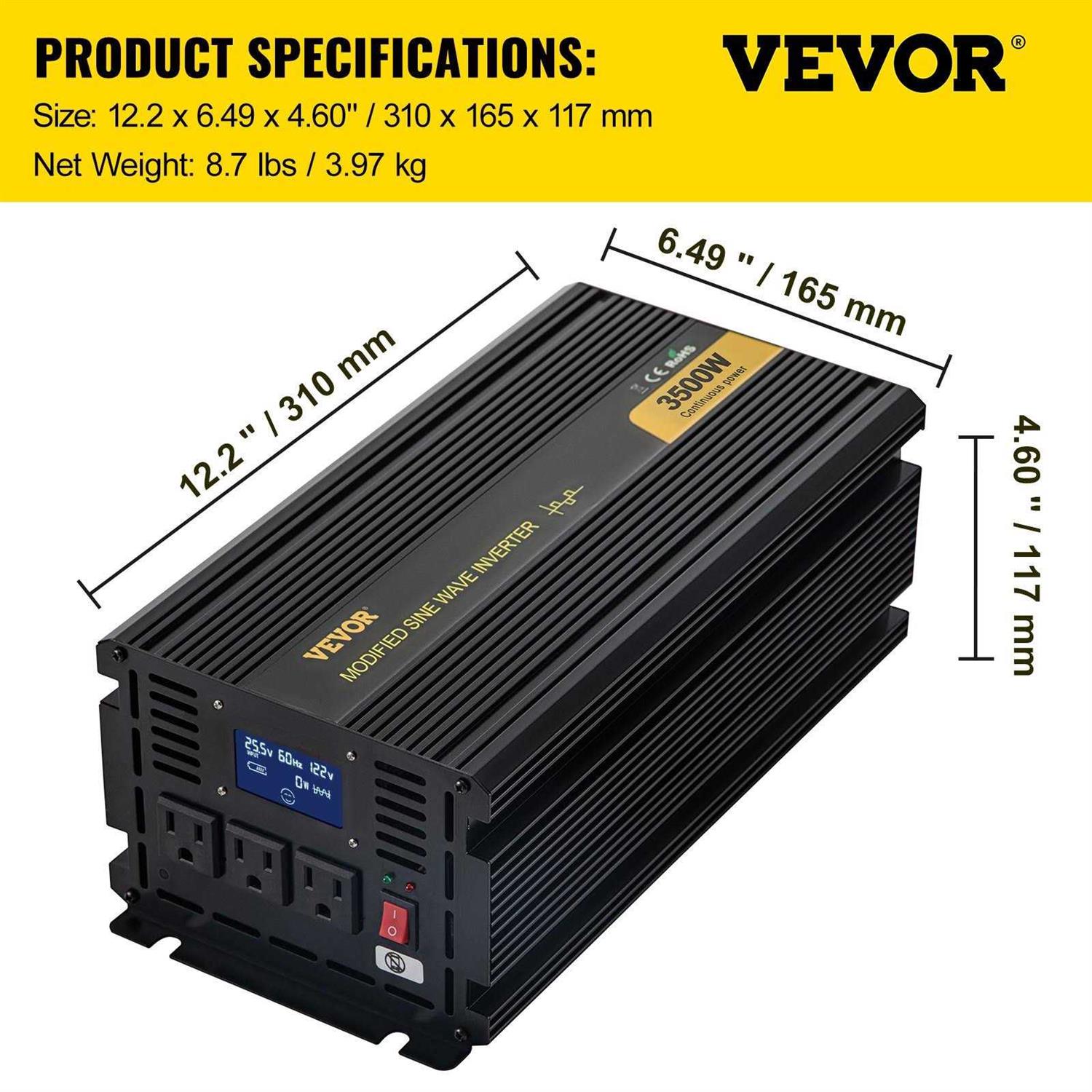 VEVOR Power Inverter 3500W Modified Sine Wave Inverter DC 24V to AC 120V Car Converter with LCD Display Remote Controller LED Indicator AC Outlets - Image 4