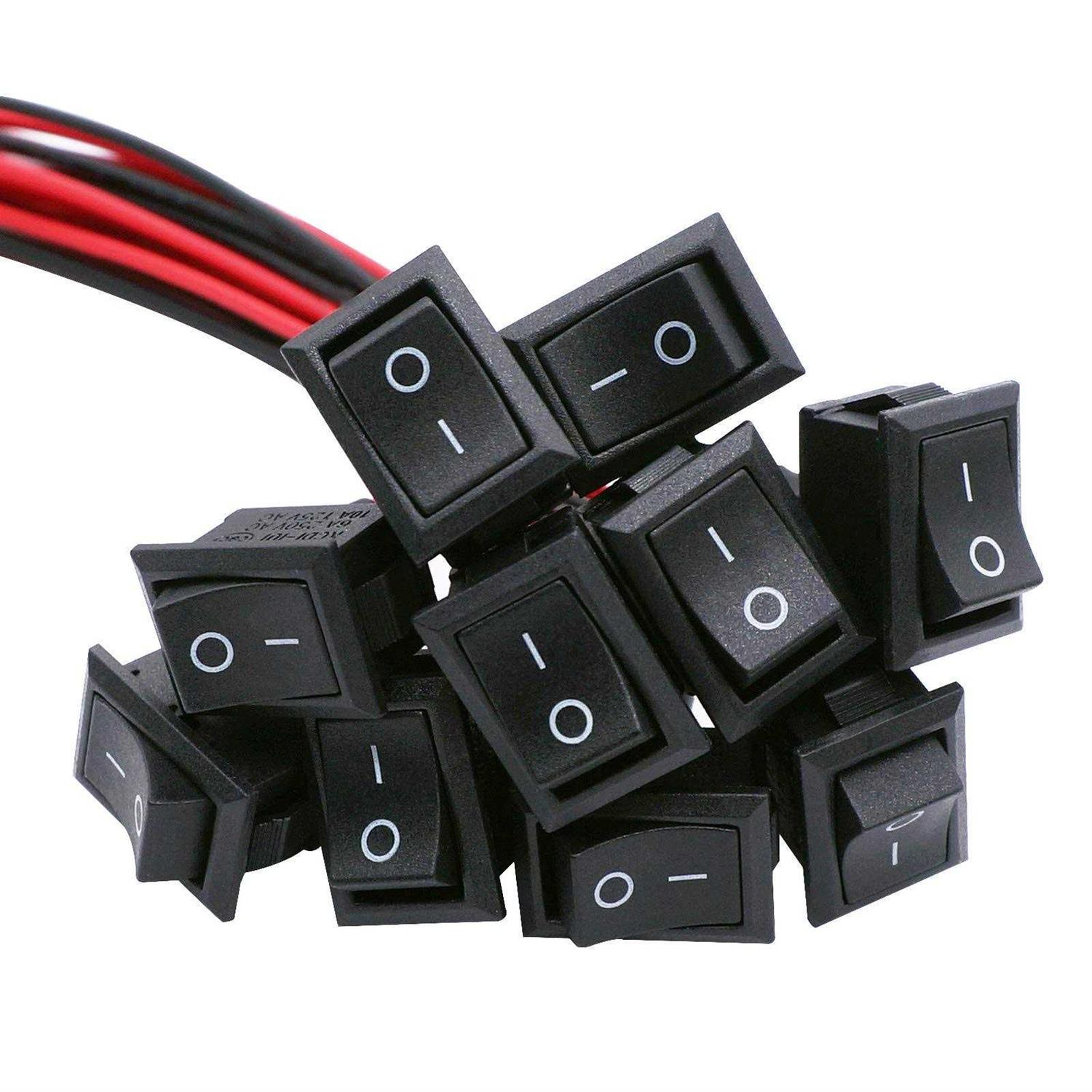 TWTADE 10pcs Rocker Switch On/Off 2Pin Latching Square Toggle SPST Switch Snap with Wires KCD1-X-F