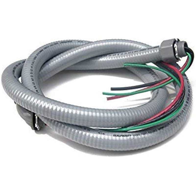 Sealproof Power Whip Assembly, 3/4-Inch x 6 Ft Nonmetallic Liquid Tight Flexible Electrical Conduit and 8 Gauge Wire Single Phase Preassembled A/C