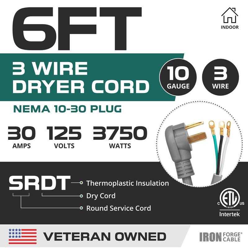 Iron Forge Cable 3 Prong Dryer Extension Cord 220V Extension Cord NEMA 10-30 Plug SRDT - Image 2