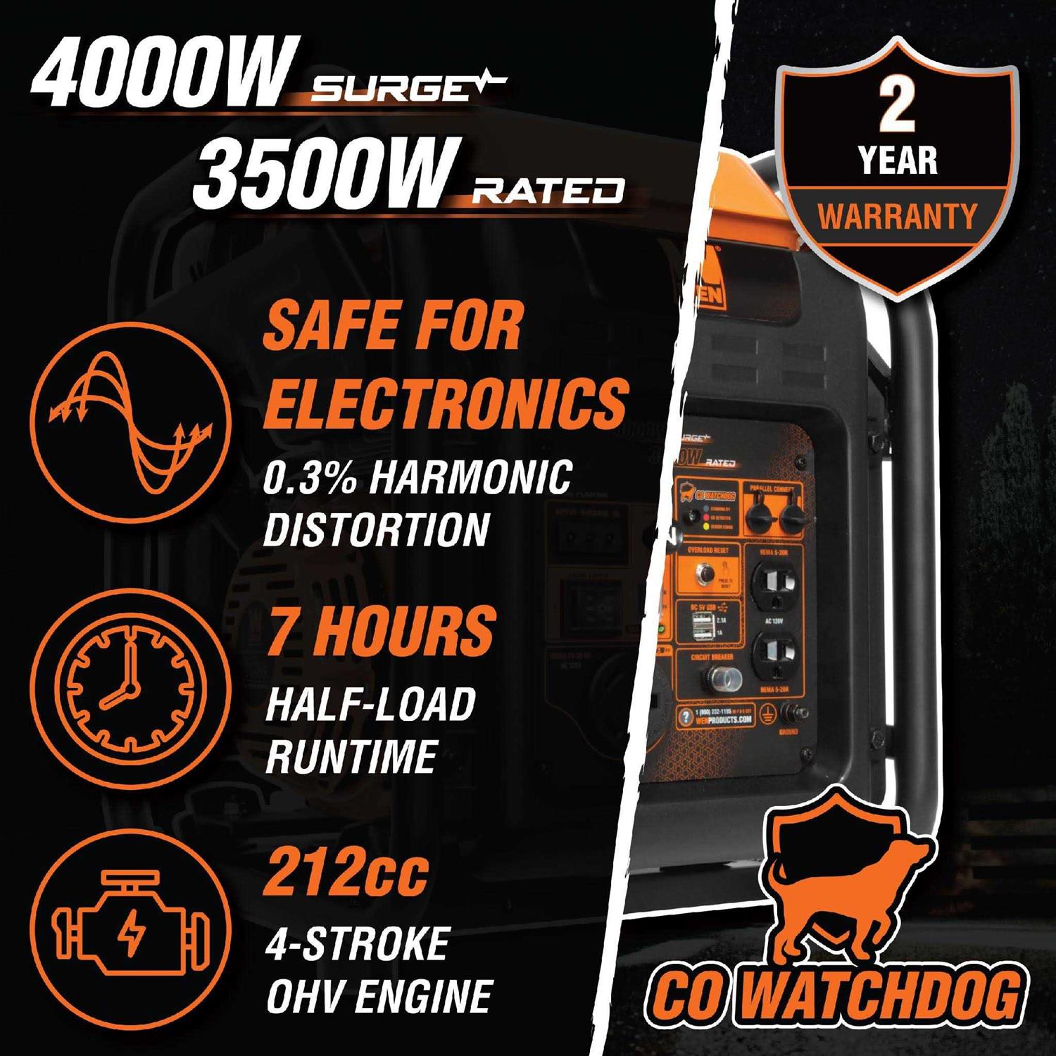 WEN GN400iX RV-Ready 4000-Watt Open Frame Inverter Generator with CO Shutdown Sensor - Image 3