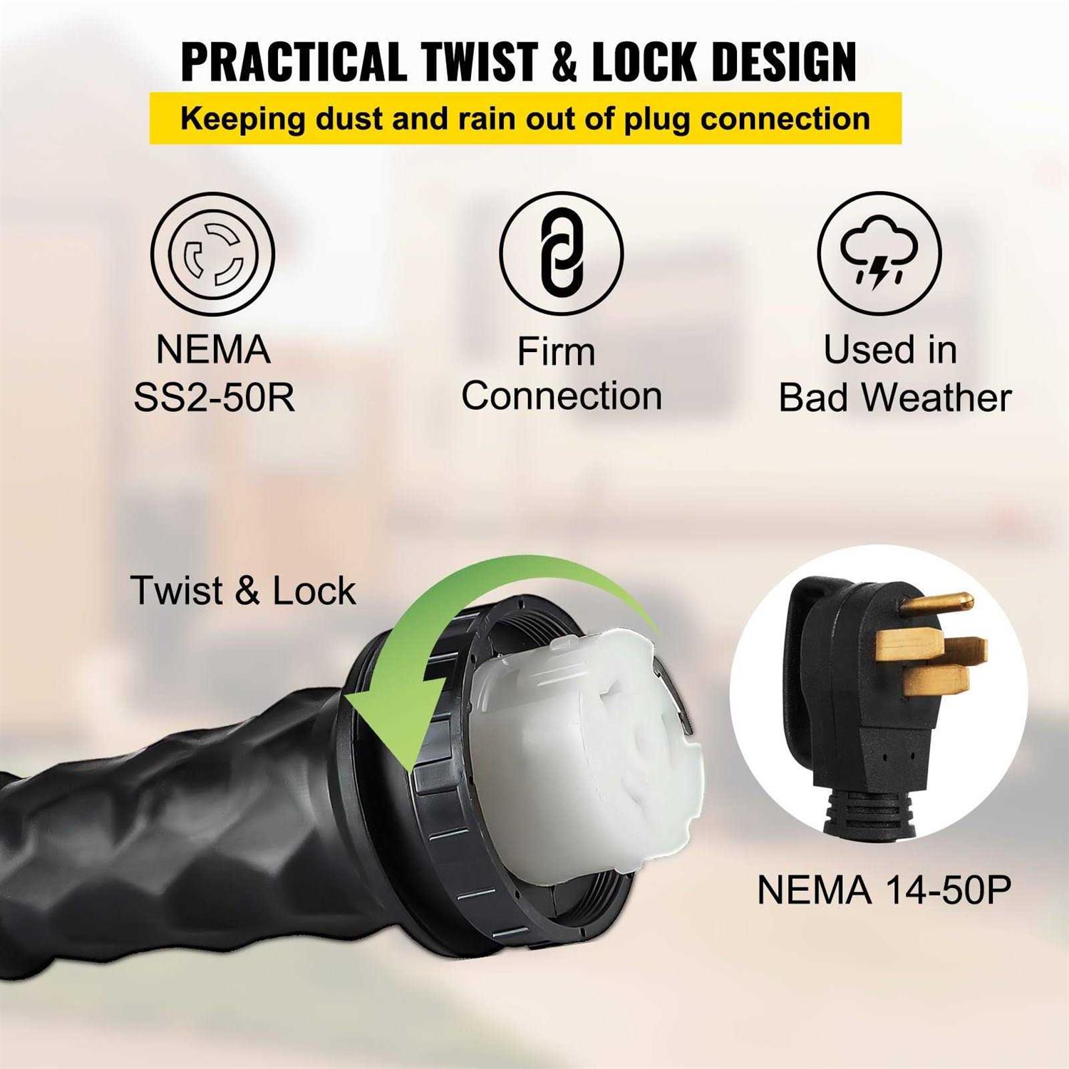 VEVOR RV Shore Power Extension Cord 36FT 50 Amp Weatherproof Heavy Duty 6/3 + 8/1 STW Twist Lock Cord 50 Amp RV Replacement Cor - Image 5