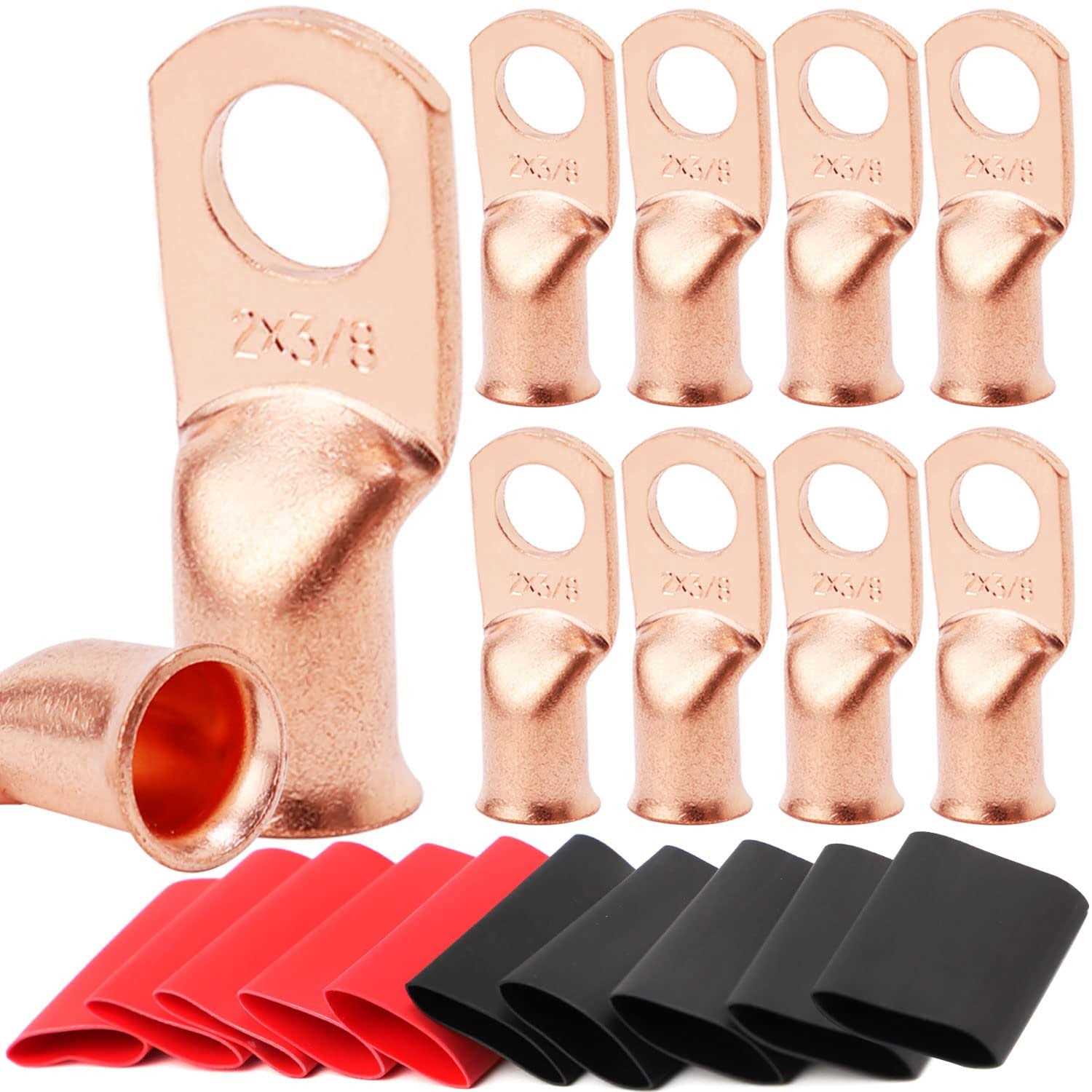 Tkdmr 10pcs 1/0 AWG-3/8 inch Battery Lugs,Heavy Duty Wire Lugs,Ring terminals,Battery Cable Ends,0 Guage terminals,Battery Terminal Connectors