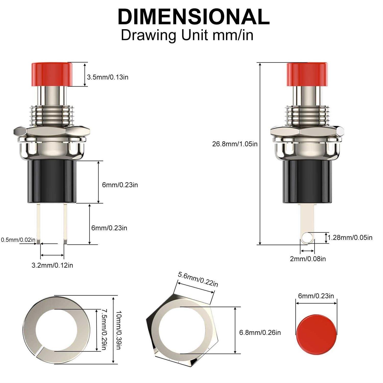 DIYhz Momentary Push Button Switch 1A 250VAC SPST Mini Pushbutton Switches Normally Open Red Cap - Image 4
