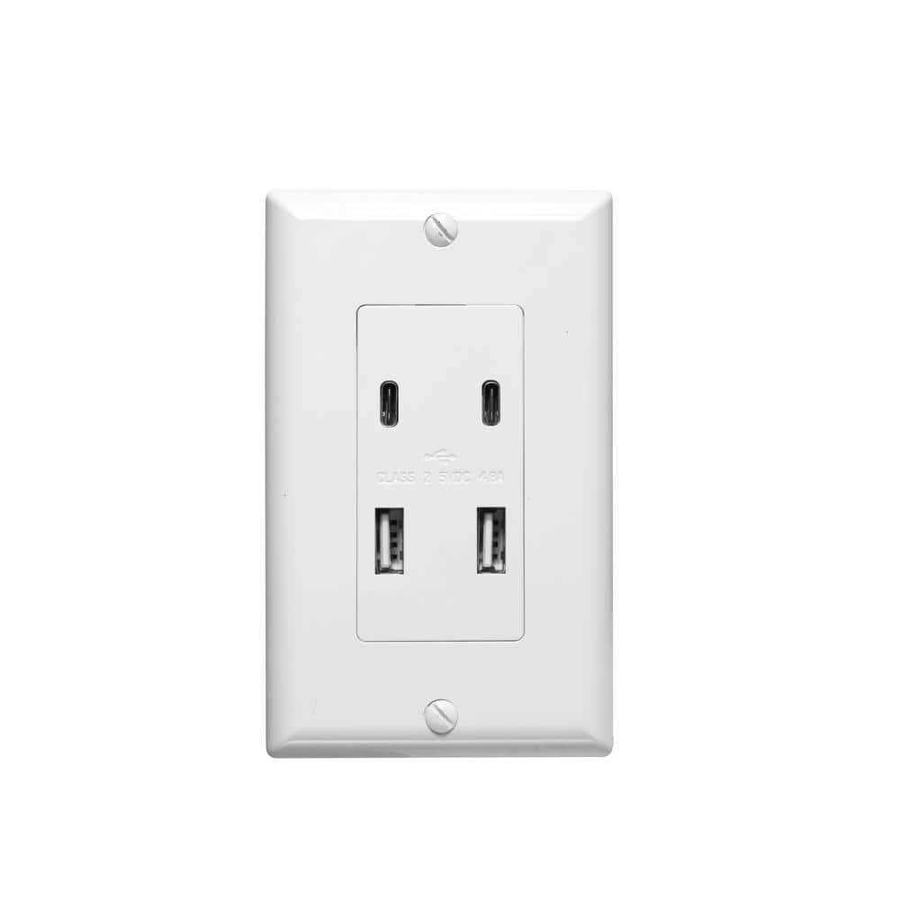 TruePower 4.8 Amp, 5-Volt 2-Port USBA and 2-Port USBC Charger Duplex Wall Outlet Receptacle