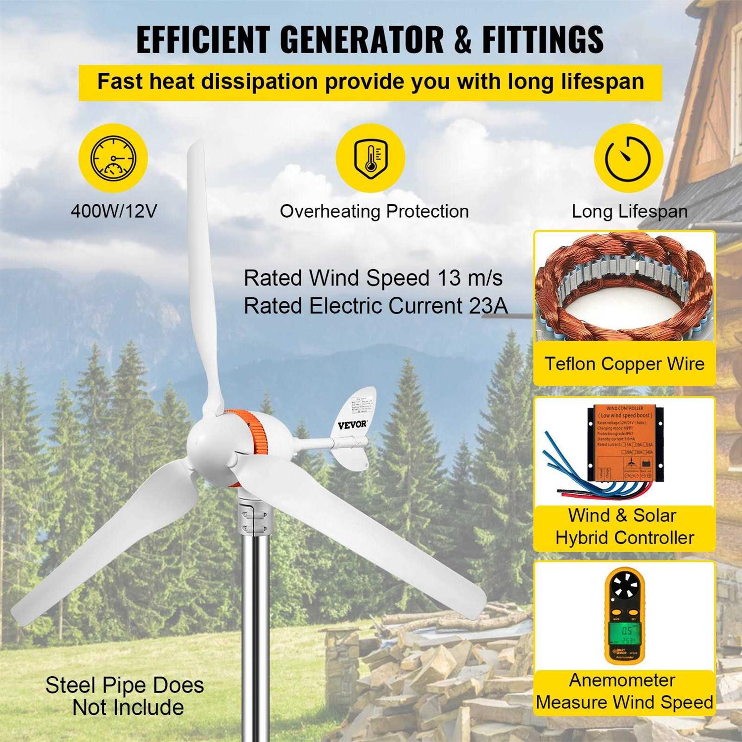 VEVOR Wind Turbine Generator 12V/AC Wind Turbine Kit 400W Wind Power Generator with MPPT Controller 3 Blades Auto Adjust Wind YFLFDJKZQFSYSSF0CV0 - Image 3