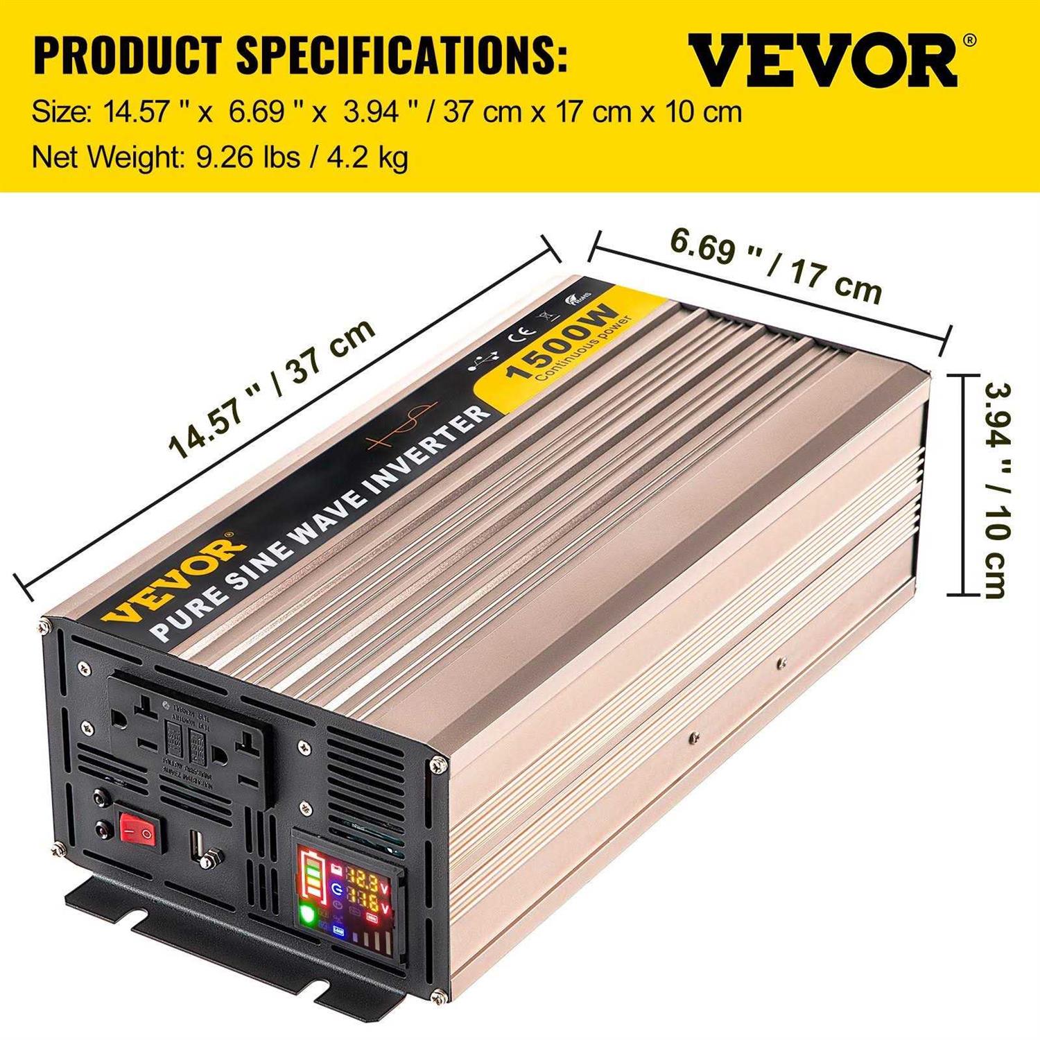 VEVOR Pure Sine Wave Inverter 1500 Watt Power Inverter DC 12V to AC 110V Car Inverter with Lcd Display 5V Usb Port AC Outlets - Image 3