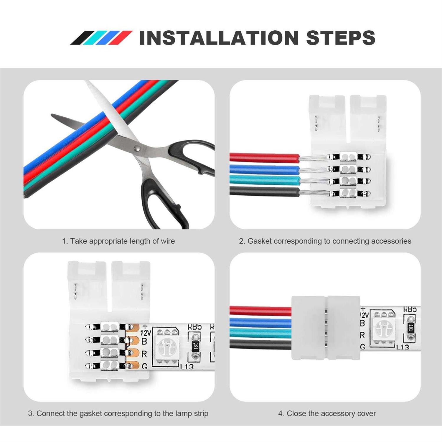 VIABRICO 4pin RGB Wire Extension Cable, with Spool and 8pcs RGB Led Strip Connectors - Image 2