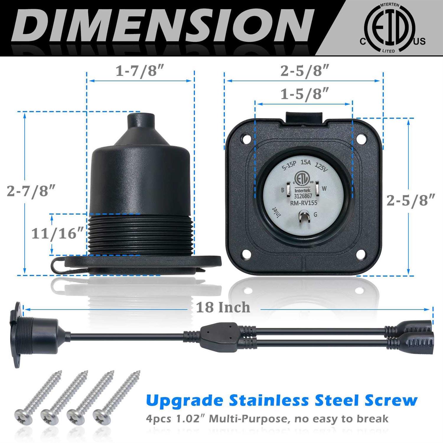 EilxMag 15 Amp 125V Power Inlet Port Plug Flanged Inlet NEMA 5-15P RV Power Outlet - Image 5