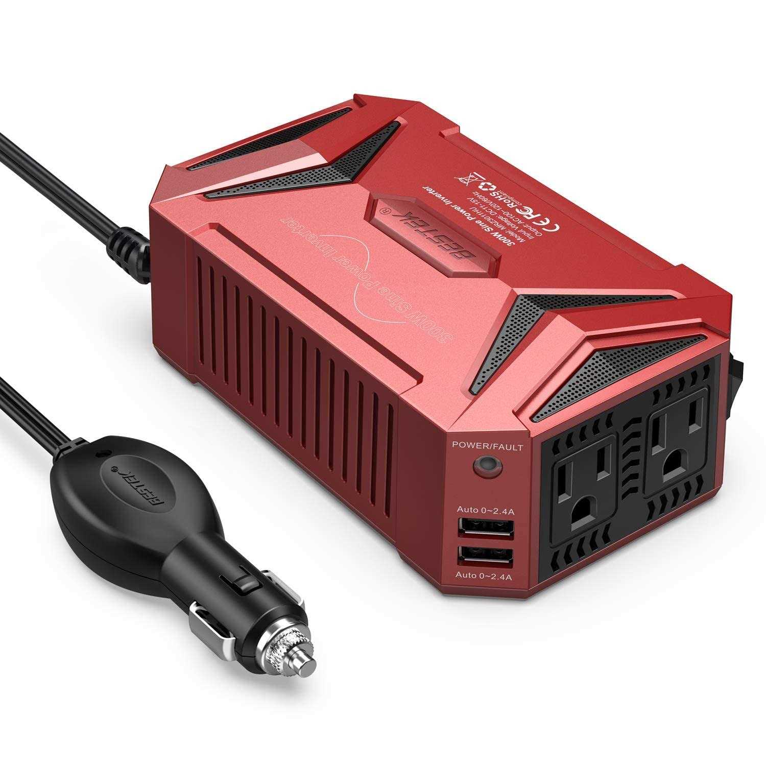 Bestek 300Watt Pure Sine Wave Power Inverter Car Adapter DC 12V to AC 110V with 4.2A Dual Smart USB Ports