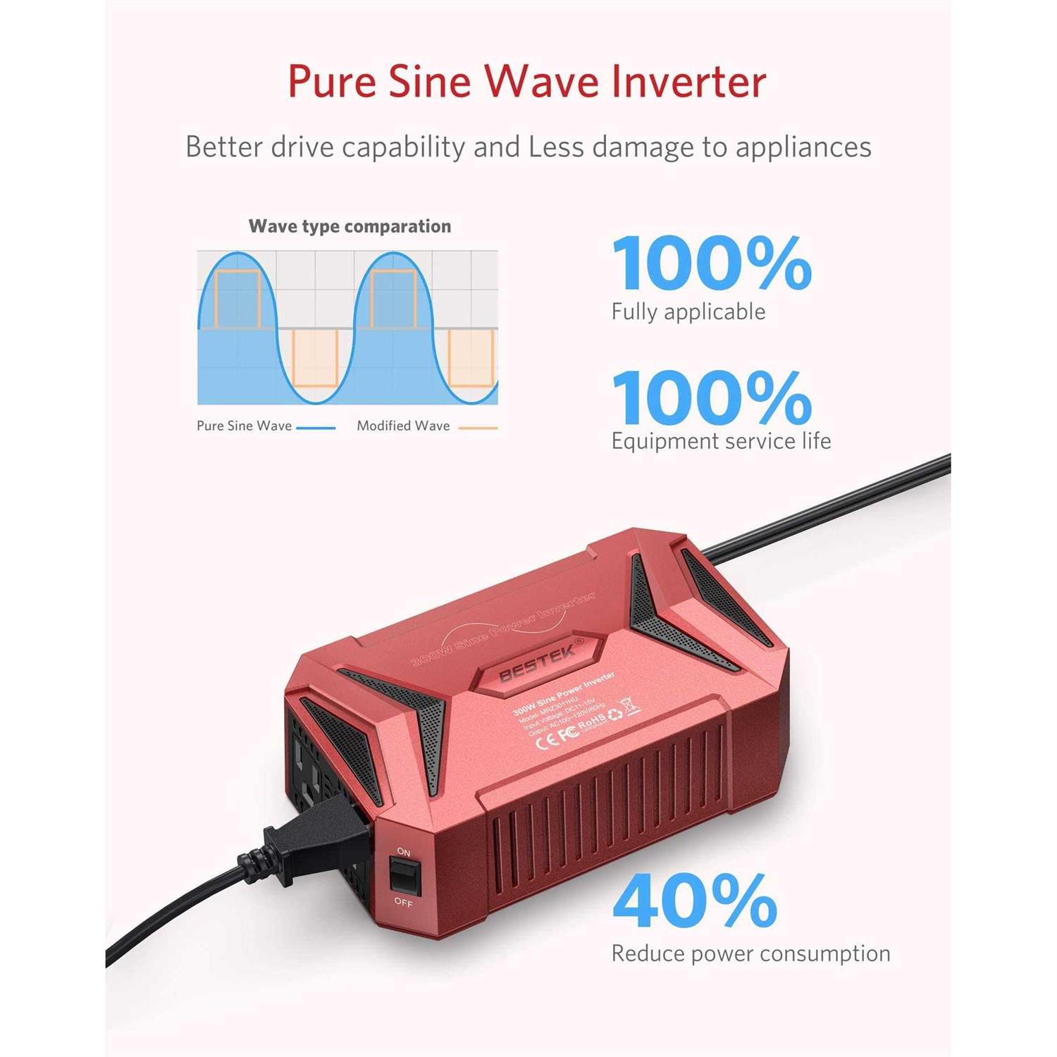 Bestek 300Watt Pure Sine Wave Power Inverter Car Adapter DC 12V to AC 110V with 4.2A Dual Smart USB Ports - Image 4