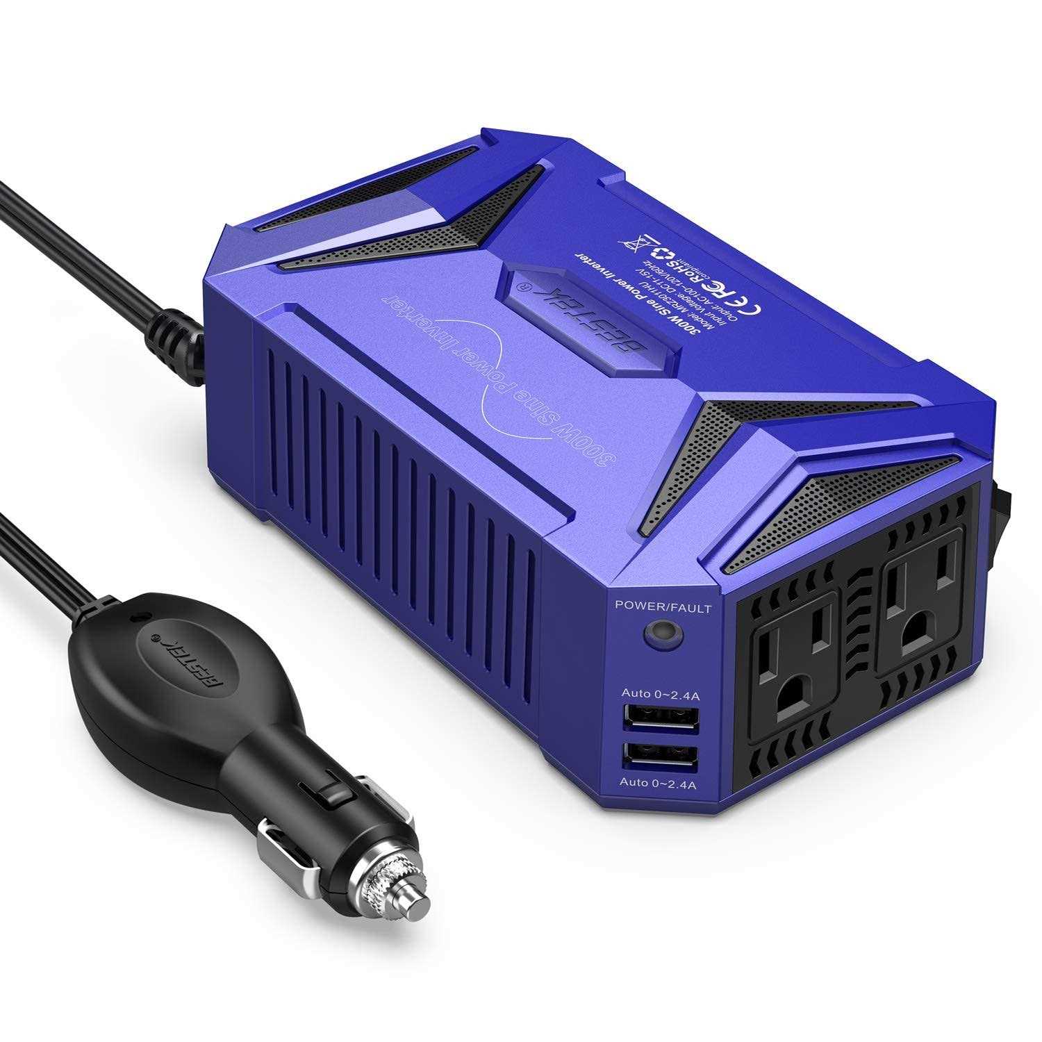 Bestek 300Watt Pure Sine Wave Power Inverter Car Adapter DC 12V to AC 110V with 4.2A Dual Smart USB Ports