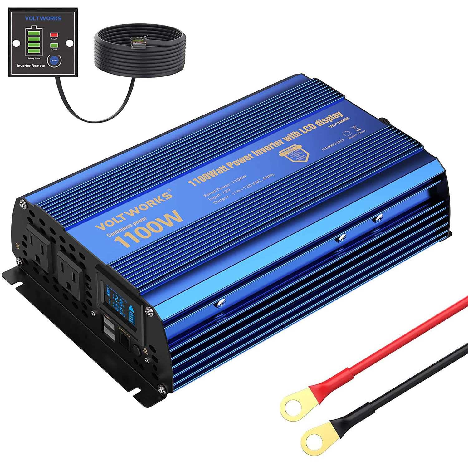 VOLTWORKS Power Inverter 1100 watt DC 12V to AC 120V Modified Sine Wave 1000w Inverter with LCD Display Remote Control 2AC Outlets Dual 2.4A USB Ports for Car