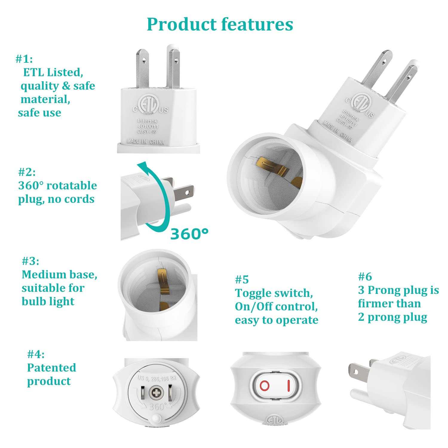 Borju Plug in Light Socket Outlet to Socket Adapter - Image 3
