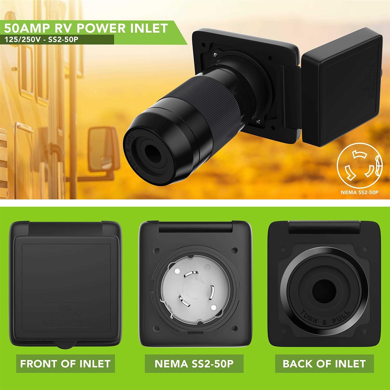 LeisureRV Leisure RV 125/250V 50 AMP Power Plug Twist Lock Inlet with 3 Stainless Steel Pins White or Black - Image 2