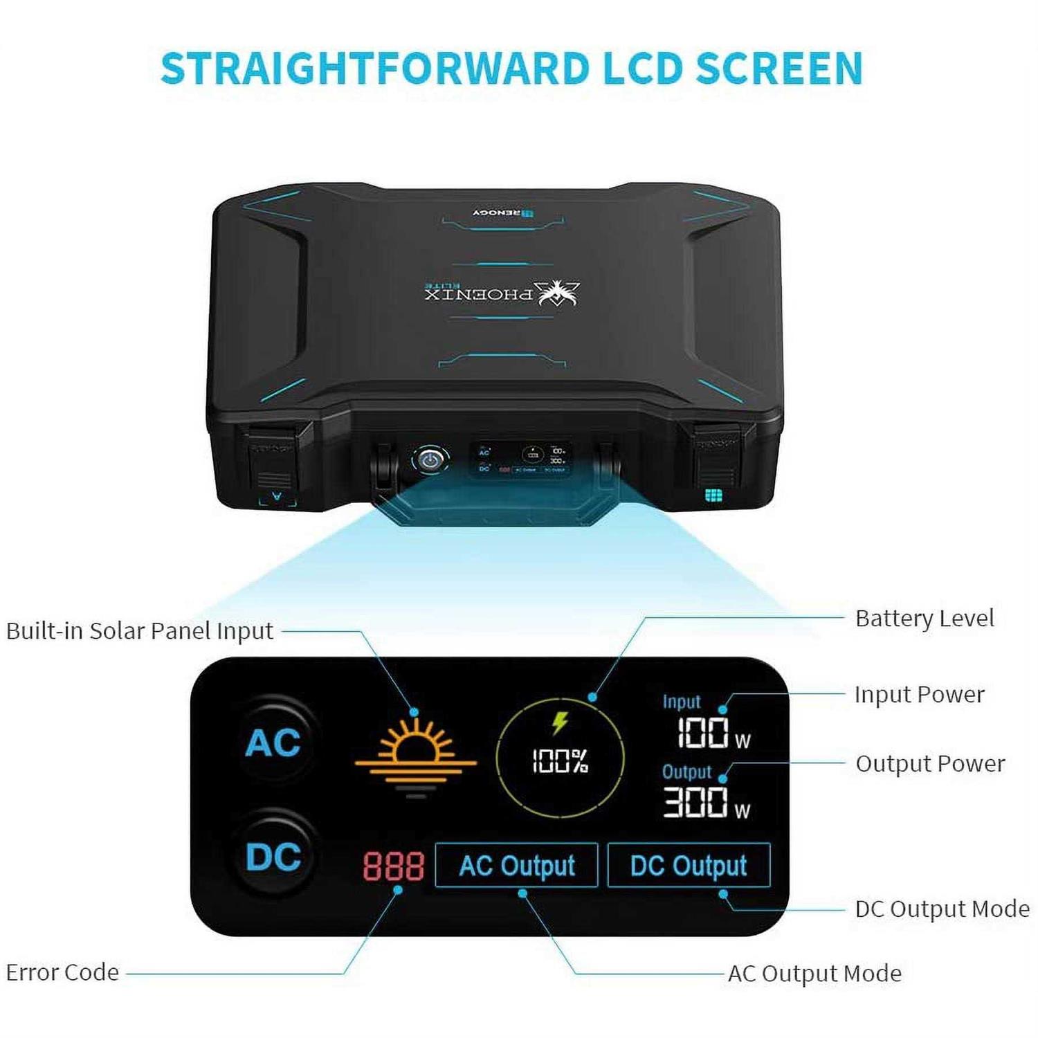 Renogy 300Wh Phoenix Elite Portable Solar Generator Built-in 20W Solar Panel&Lithium Backup Power,with AC/DC Outlet - Image 2