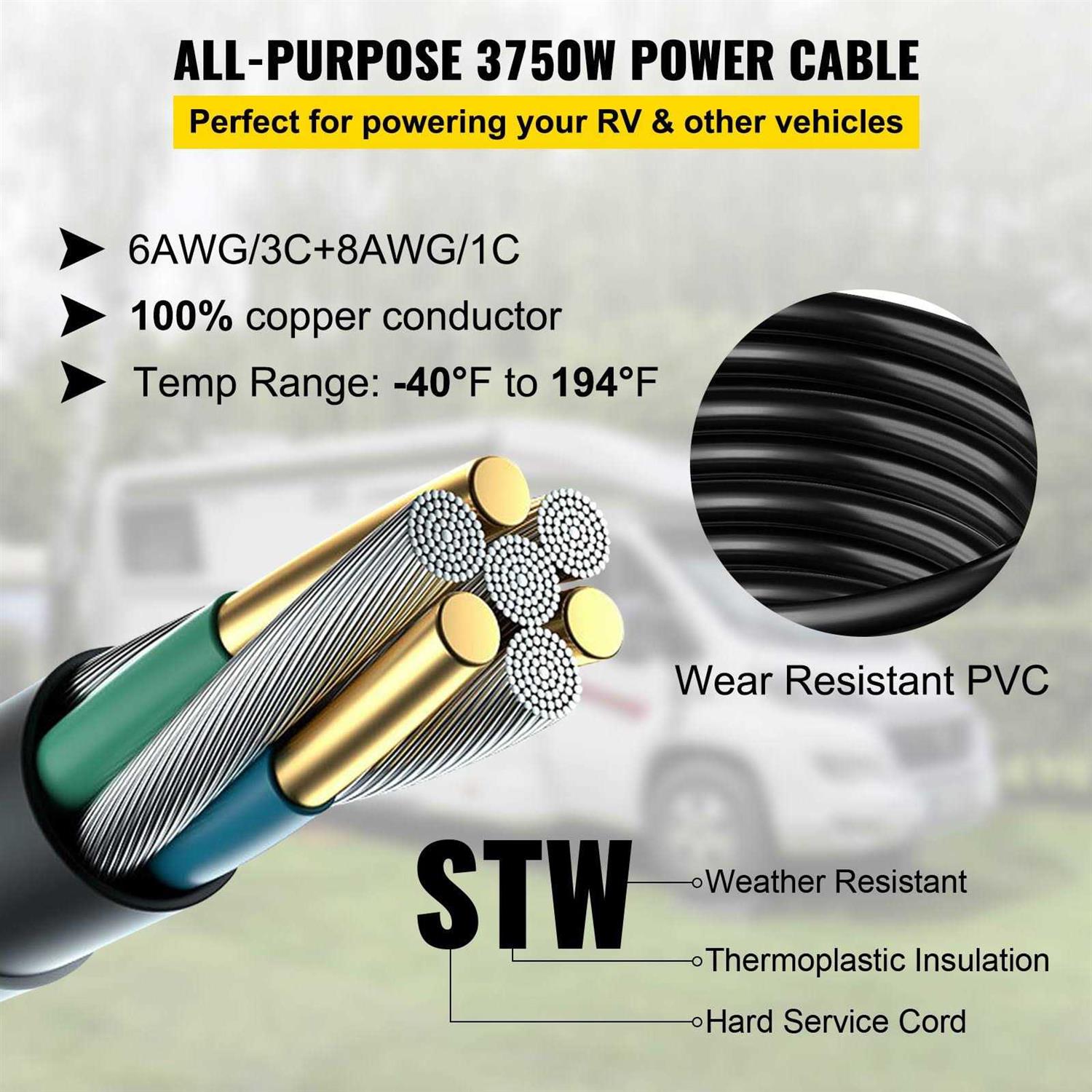 VEVOR RV Power Cord 50 ft 50 Amp RV Extension Cord 14-50P to SS2-50R Rain Proof - Image 4