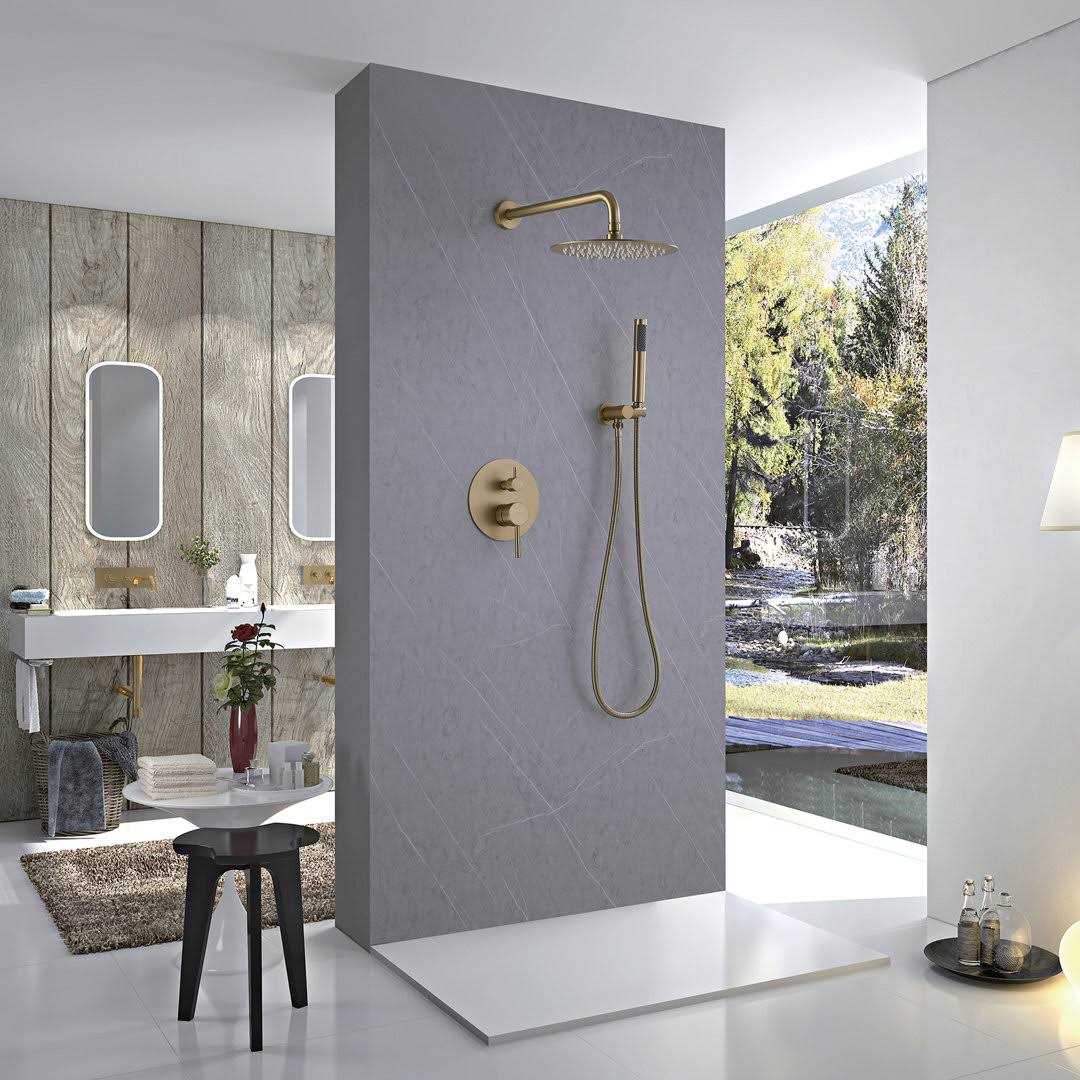 BWE 1-Handle 2-Spray Rain Shower Faucet and Hand Shower Combo Kit in Brushed Gold 8002-BG